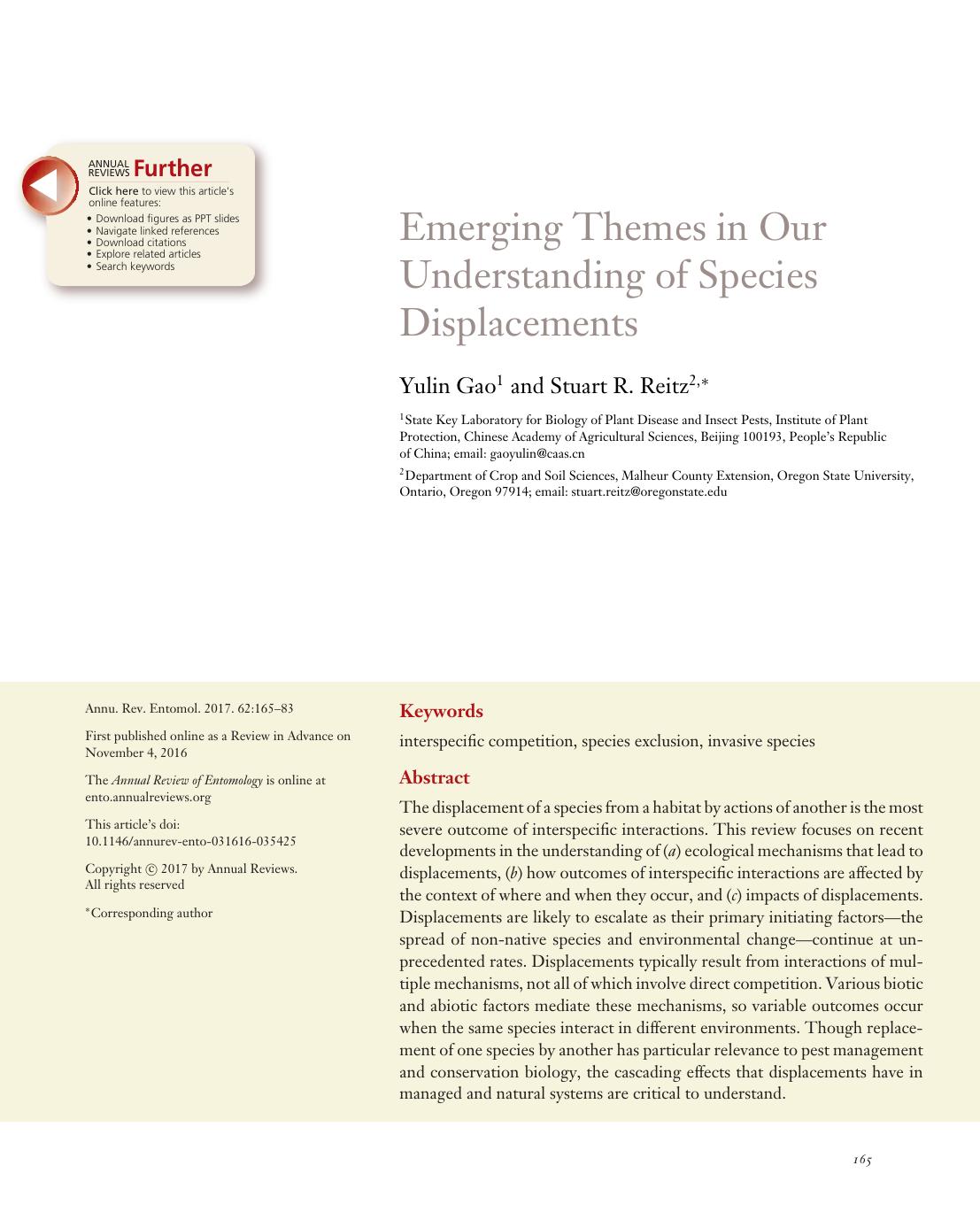 Emerging Themes in Our Understanding of Species Displacements by Yulin Gao and Stuart R. Reitz