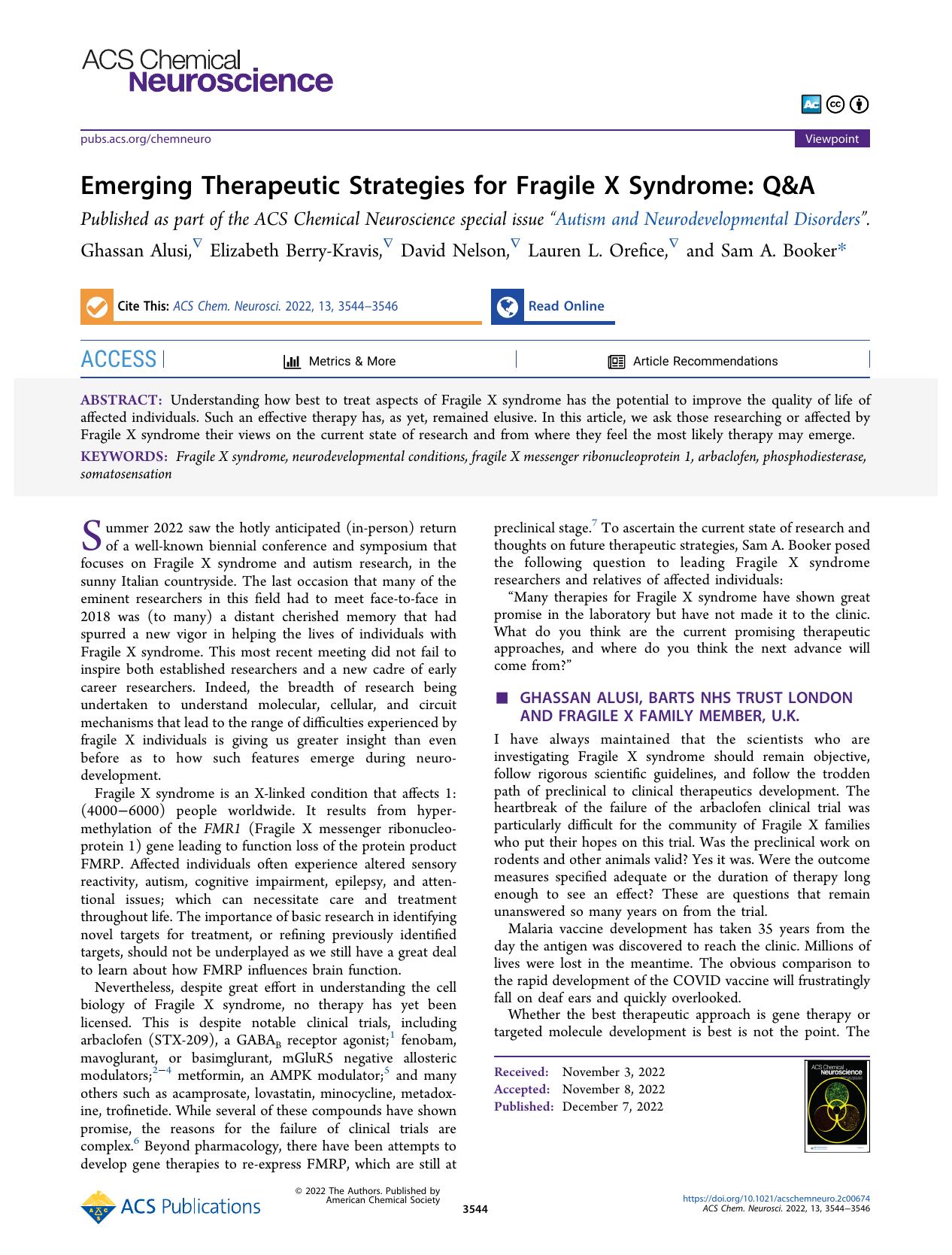 Emerging Therapeutic Strategies for Fragile X Syndrome: Q&A by Ghassan Alusi Elizabeth Berry-Kravis David Nelson Lauren L. Orefice and Sam A. Booker