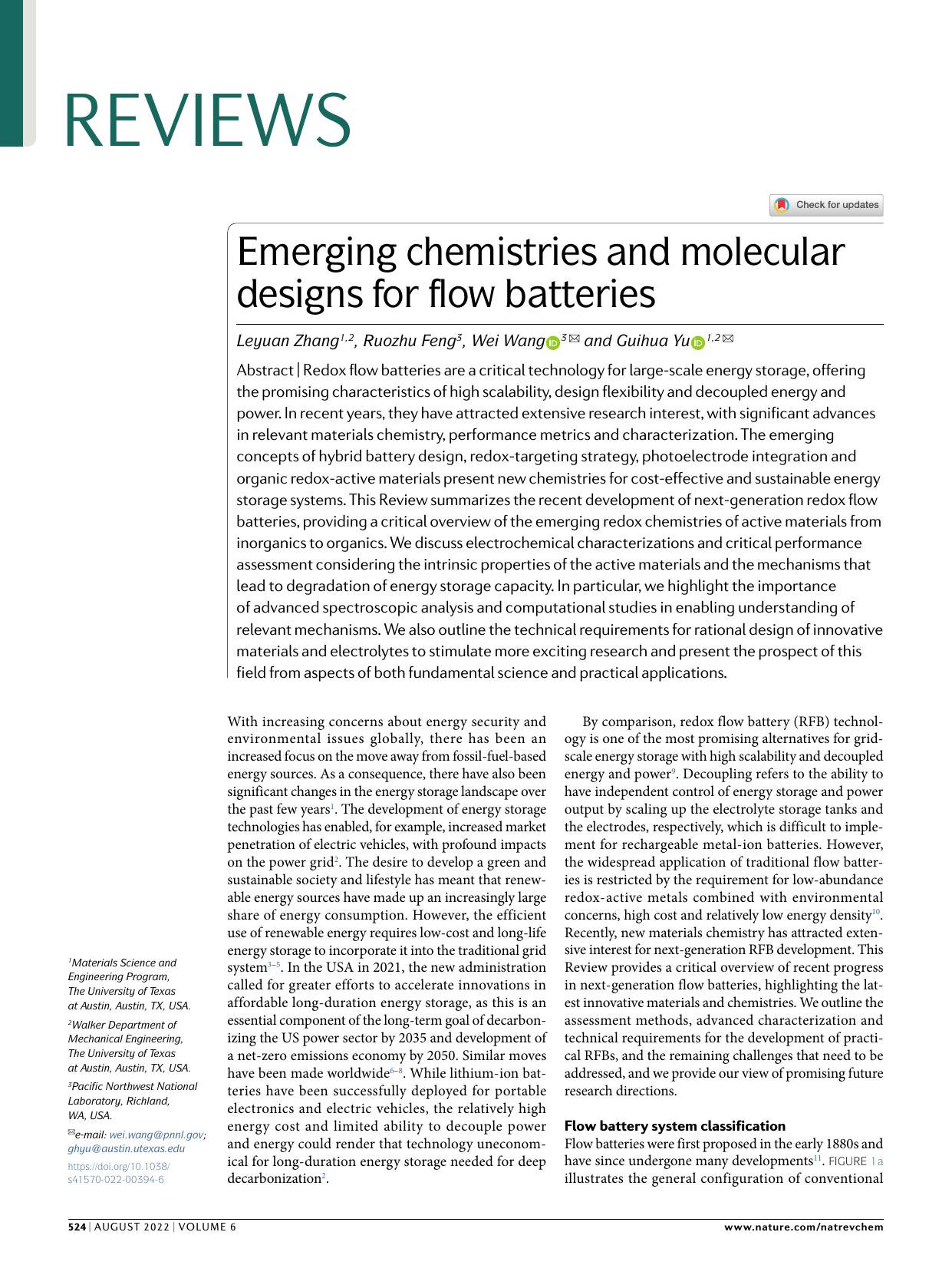 Emerging chemistries and molecular designs for flow batteries by Leyuan Zhang & Ruozhu Feng & Wei Wang & Guihua Yu