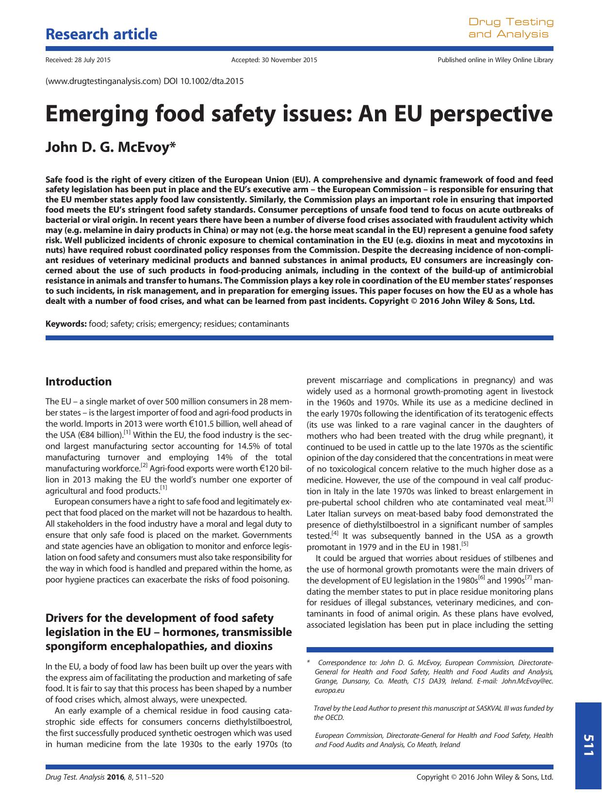 Emerging food safety issues: An EU perspective by John D. G. McEvoy