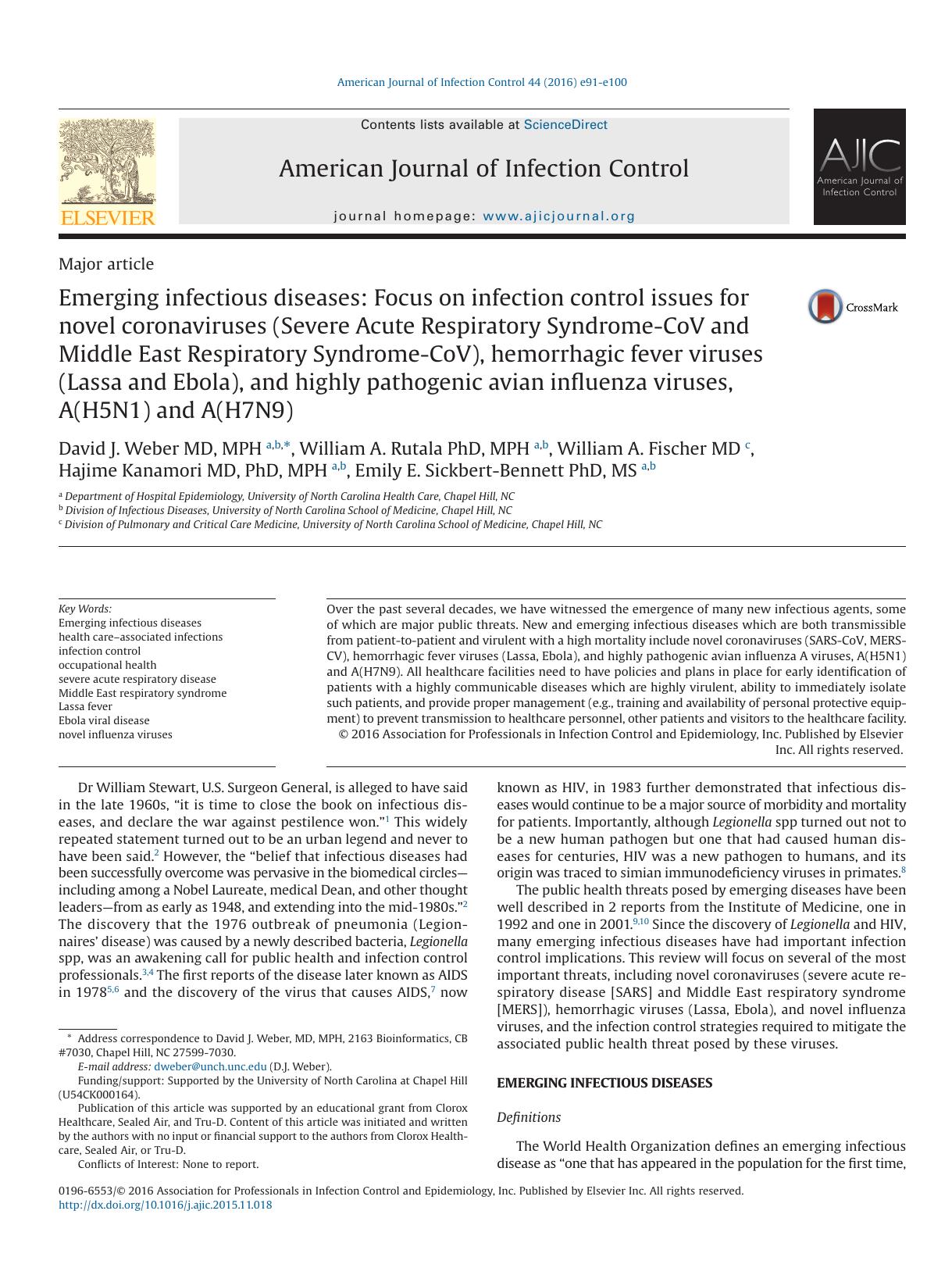 Emerging infectious diseases: Focus on infection control issues for novel coronaviruses (Severe Acute Respiratory Syndrome-CoV and Middle East Respiratory Syndrome-CoV), hemorrhagi by unknow