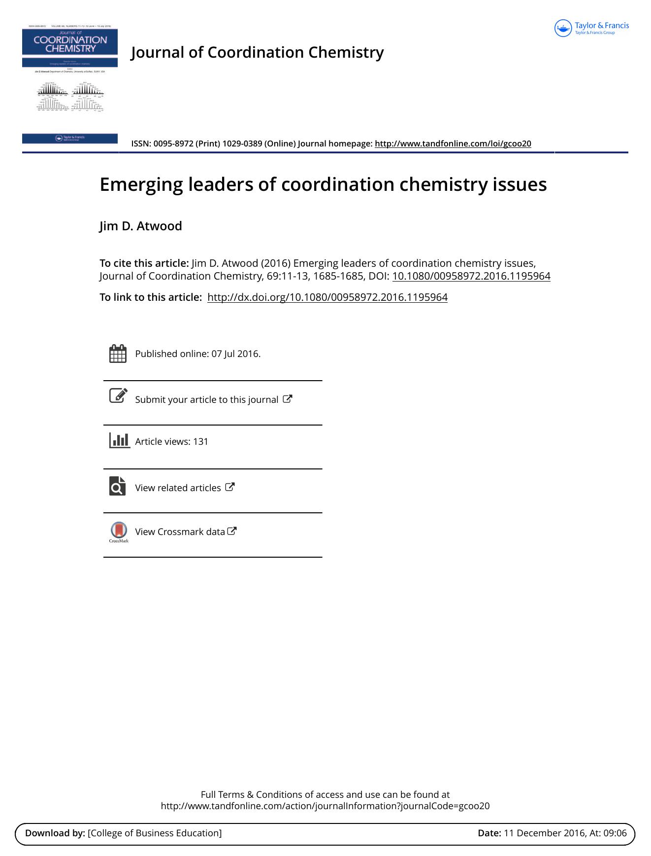 Emerging leaders of coordination chemistry issues by Jim D. Atwood