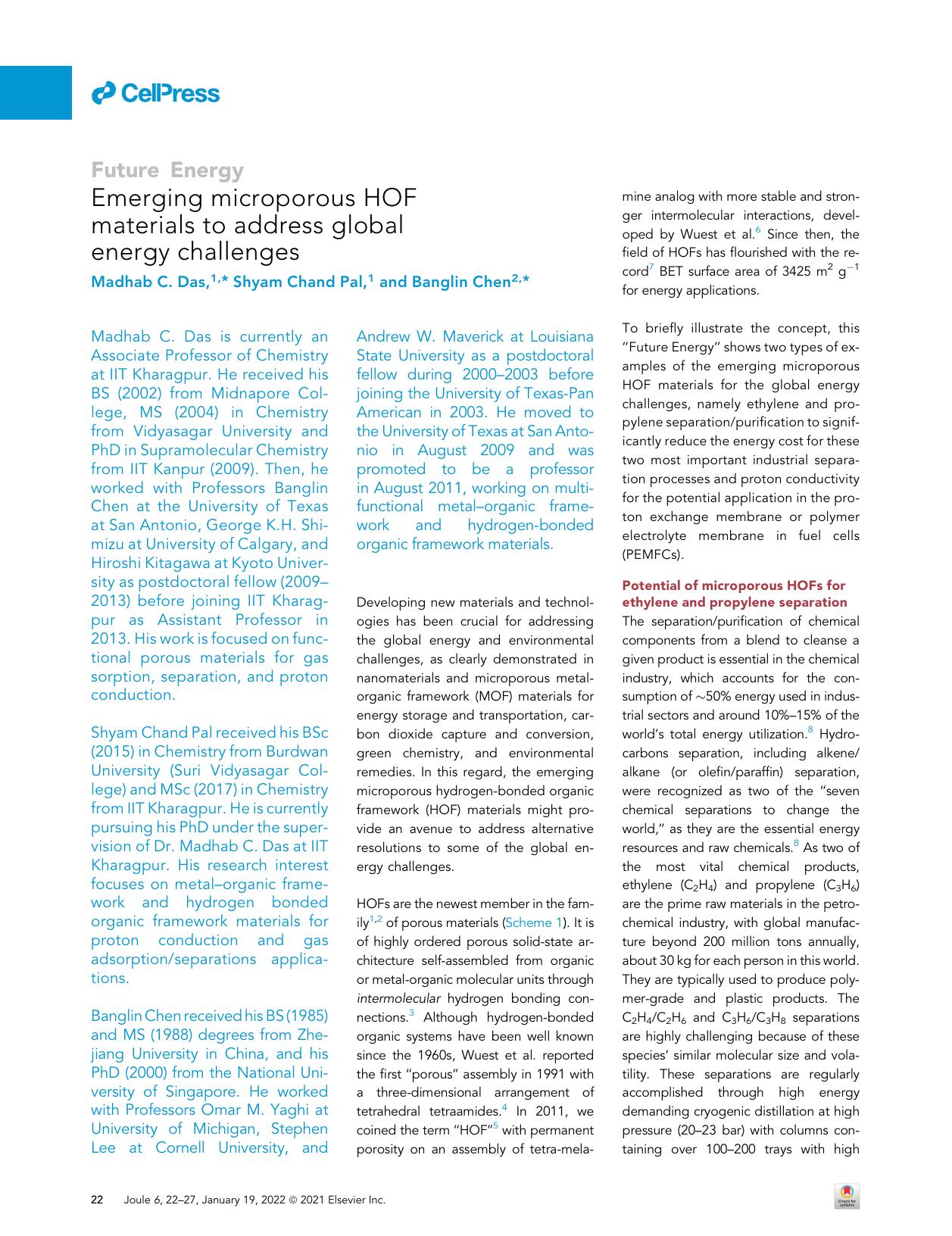 Emerging microporous HOF materials to address global energy challenges by Madhab C. Das & Shyam Chand Pal & Banglin Chen