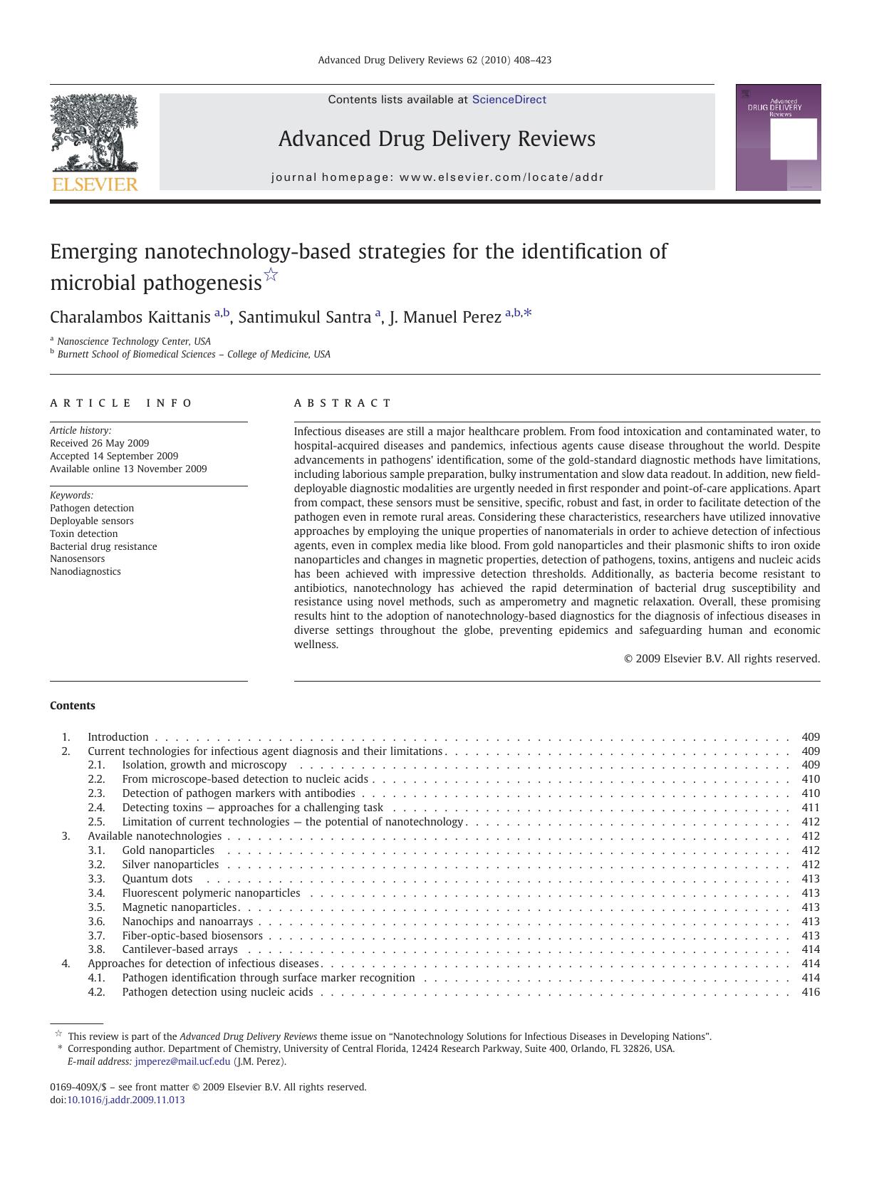 Emerging nanotechnology-based strategies for the identification of microbial pathogenesis by Charalambos Kaittanis; Santimukul Santra; J. Manuel Perez