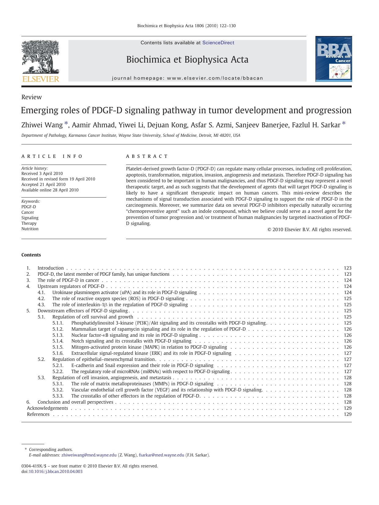 Emerging roles of PDGF-D signaling pathway in tumor development and progression by Zhiwei Wang; Aamir Ahmad; Yiwei Li; Dejuan Kong; Asfar S. Azmi; Sanjeev Banerjee; Fazlul H. Sarkar