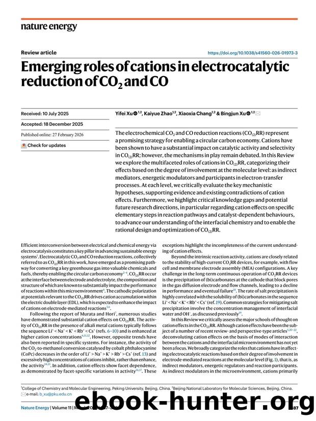 Emerging roles of cations in electrocatalytic reduction of CO2 and CO by Yifei Xu & Kaiyue Zhao & Xiaoxia Chang & Bingjun Xu