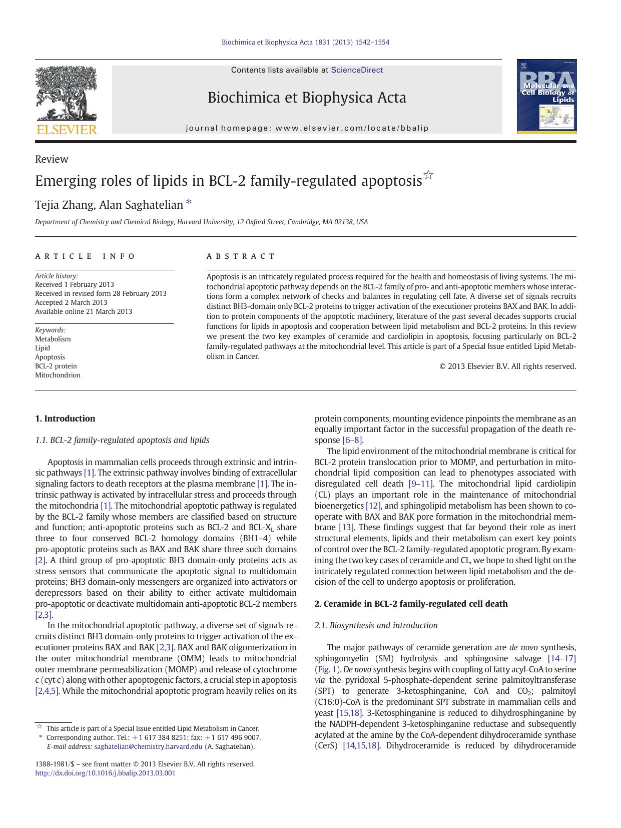 Emerging roles of lipids in BCL-2 family-regulated apoptosis by Tejia Zhang & Alan Saghatelian