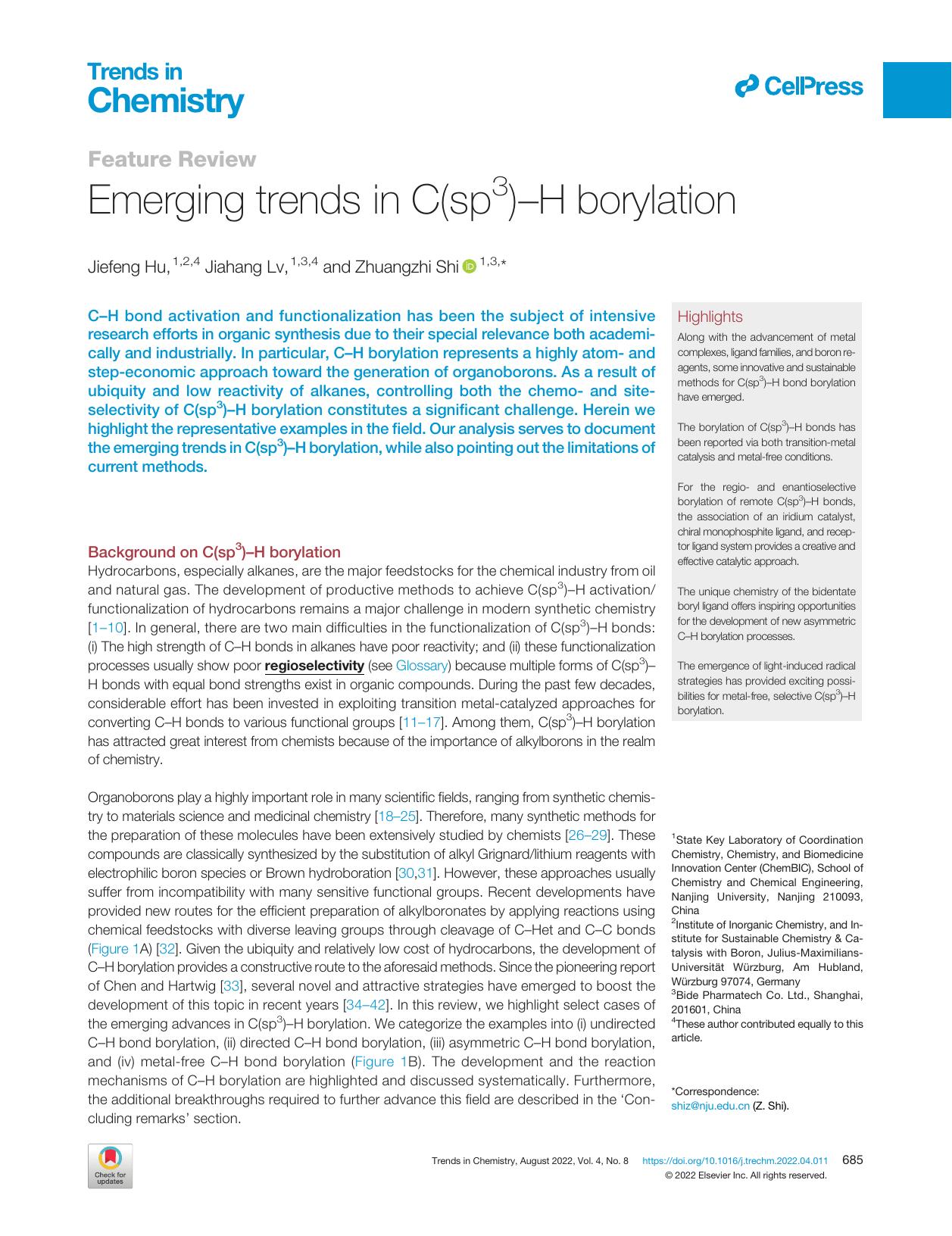 Emerging trends in C(sp3)-H borylation by Jiefeng Hu & Jiahang Lv & Zhuangzhi Shi