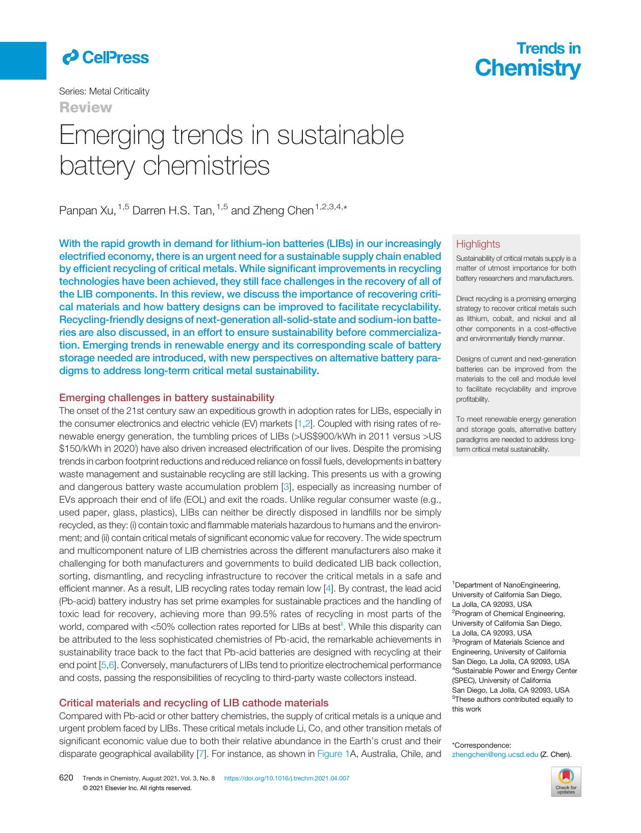 Emerging trends in sustainable battery chemistries by Panpan Xu & Darren H.S. Tan & Zheng Chen