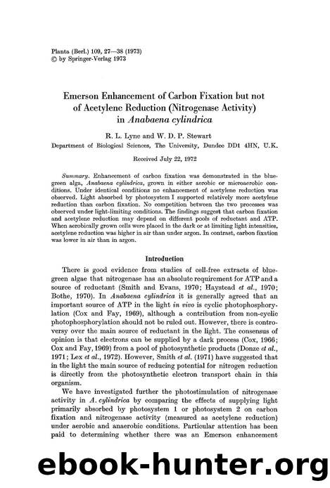 Emerson enhancement of carbon fixation but not of acetylene reduction (nitrogenase activity) in <Emphasis Type="Italic">Anabaena cylindrica<Emphasis> by Unknown