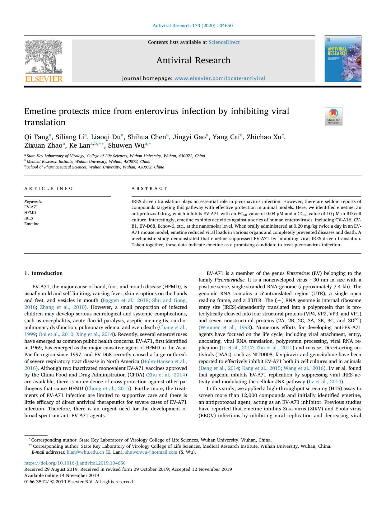 Emetine protects mice from enterovirus infection by inhibiting viral translation by unknow