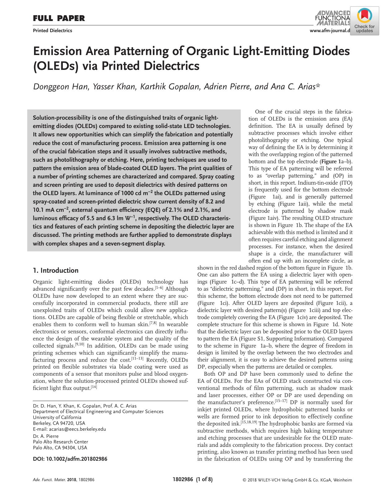 Emission Area Patterning of Organic LightâEmitting Diodes (OLEDs) via Printed Dielectrics by Unknown