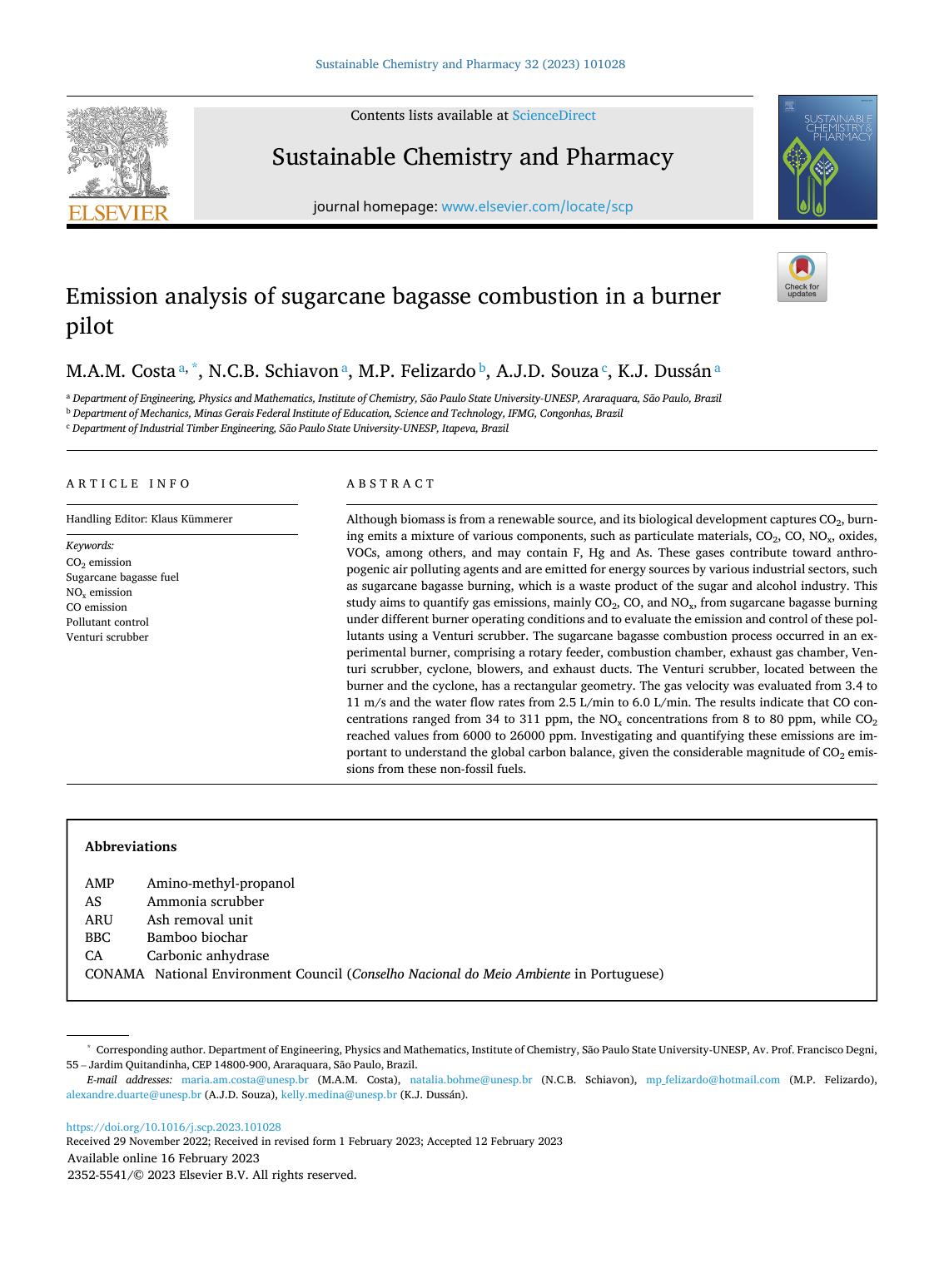 Emission analysis of sugarcane bagasse combustion in a burner pilot by M.A.M. Costa & N.C.B. Schiavon & M.P. Felizardo & A.J.D. Souza & K.J. Dussán