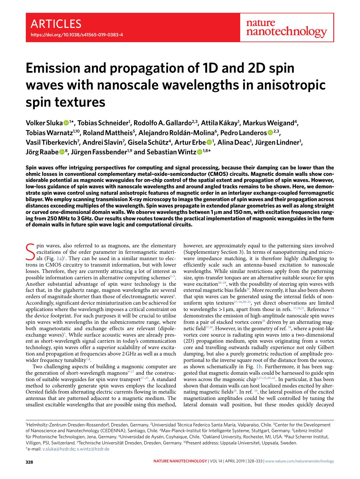 Emission and propagation of 1D and 2D spin waves with nanoscale wavelengths in anisotropic spin textures by unknow