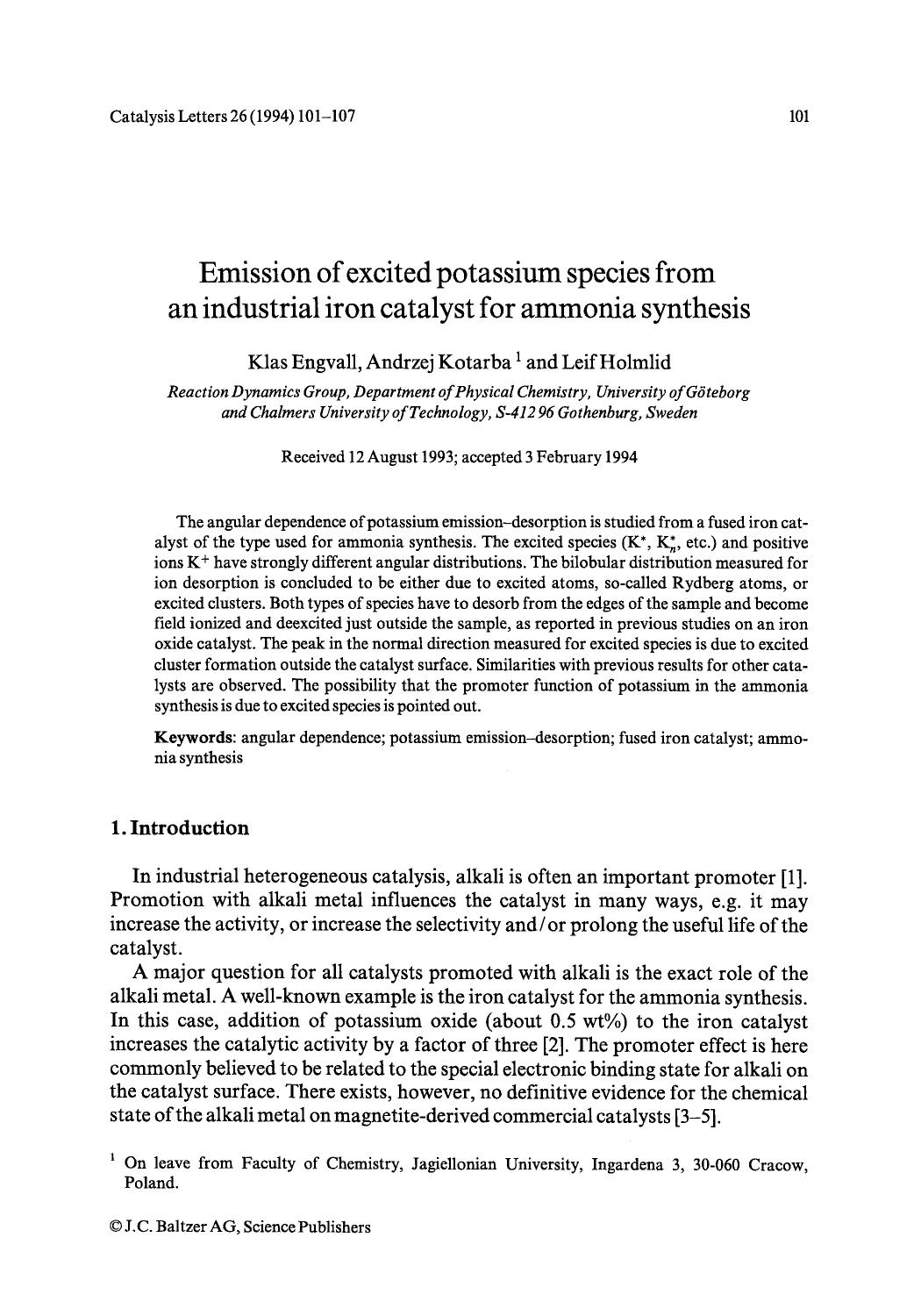 Emission of excited potassium species from an industrial iron catalyst for ammonia synthesis by Unknown