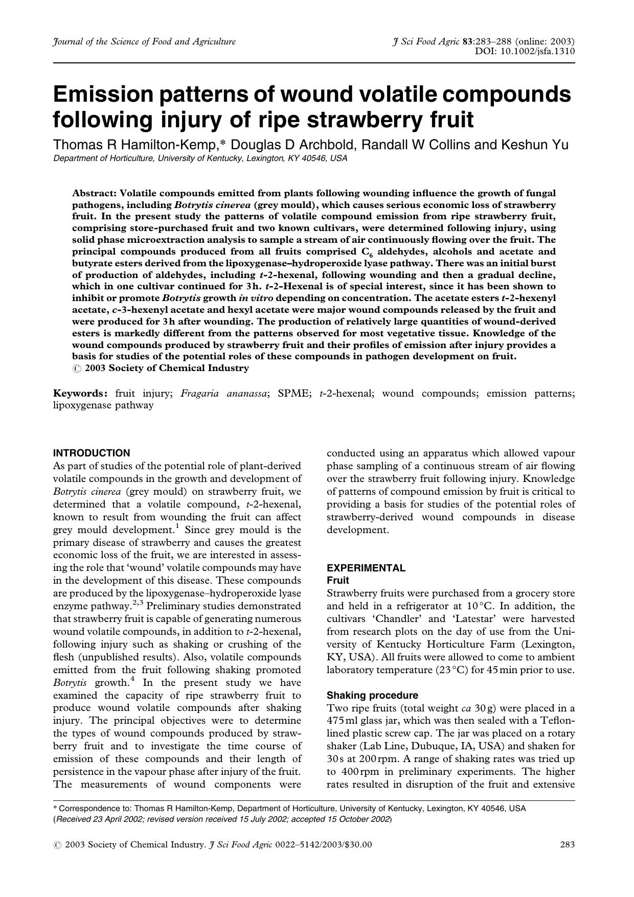 Emission patterns of wound volatile compounds following injury of ripe strawberry fruit by Unknown