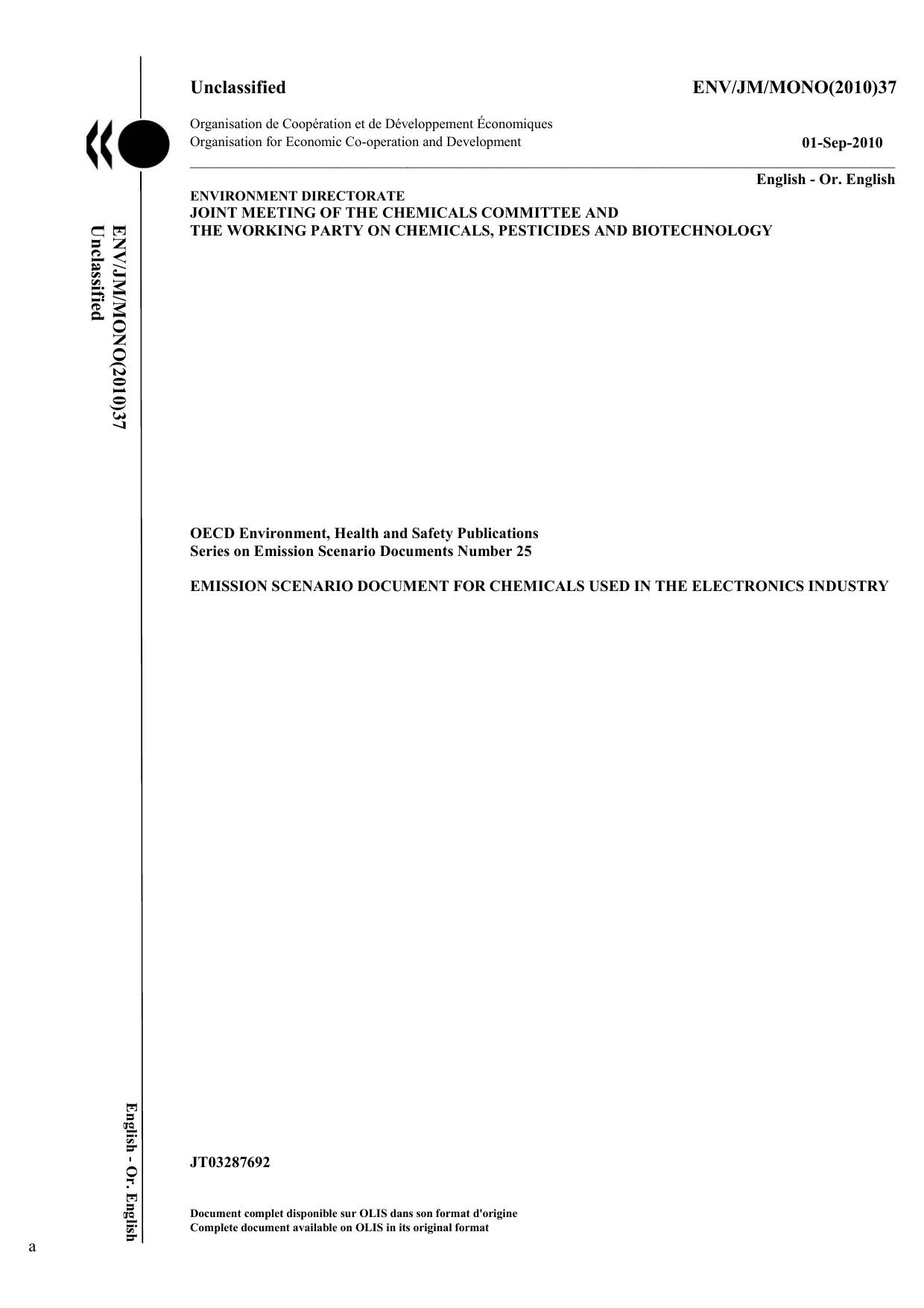 Emission scenario document for chemicals used in the electronics industry. by OECD