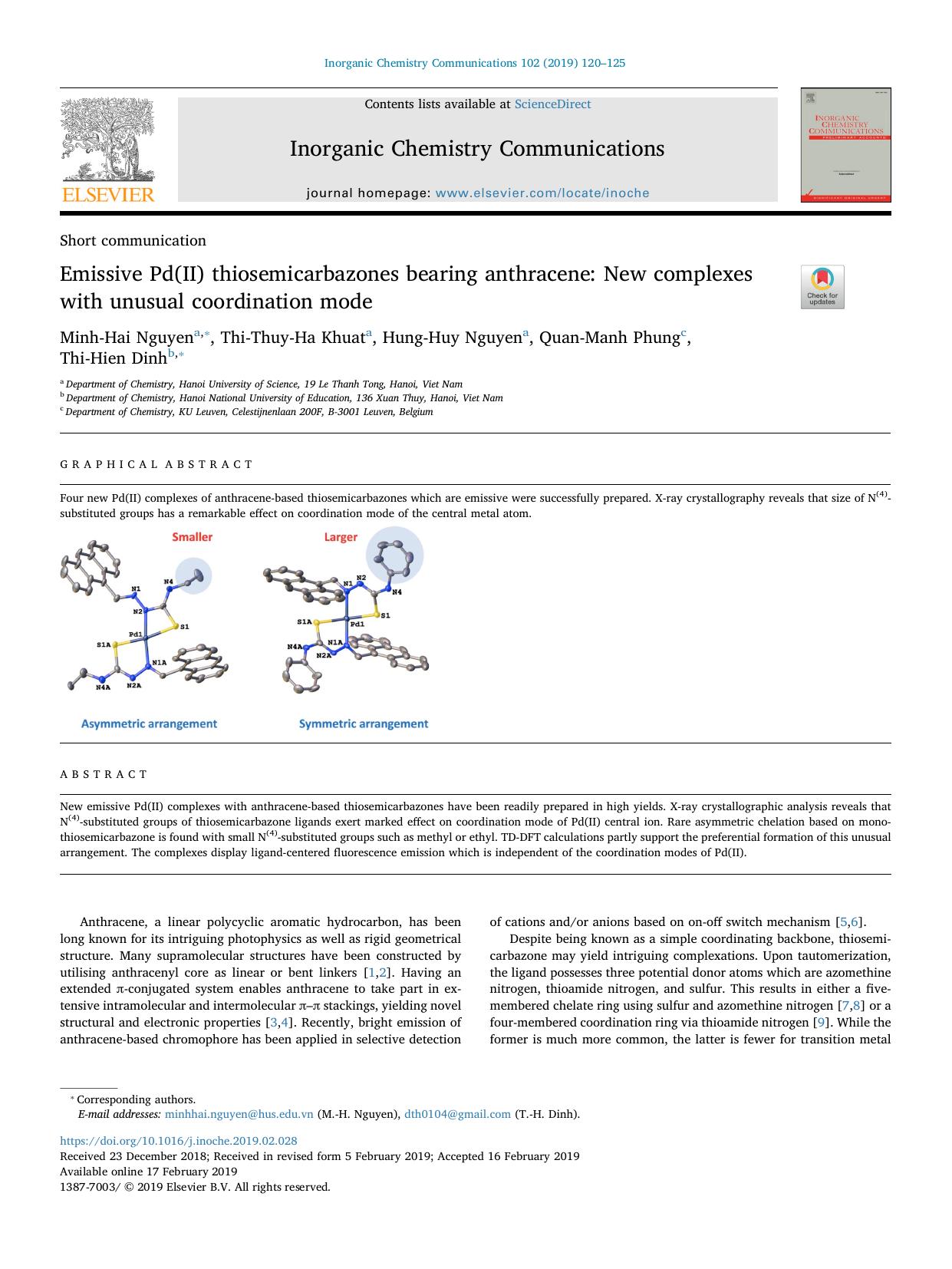 Emissive Pd(II) thiosemicarbazones bearing anthracene_ New complexes with unusual coordination mode by Minh-Hai Nguyen & Thi-Thuy-Ha Khuat & Hung-Huy Nguyen & Quan-Manh Phung & Thi-Hien Dinh