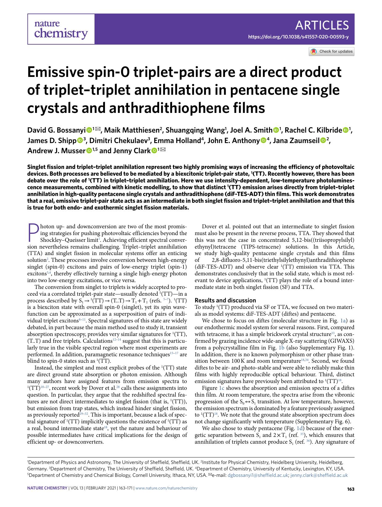 Emissive spin-0 triplet-pairs are a direct product of tripletâtriplet annihilation in pentacene single crystals and anthradithiophene films by unknow