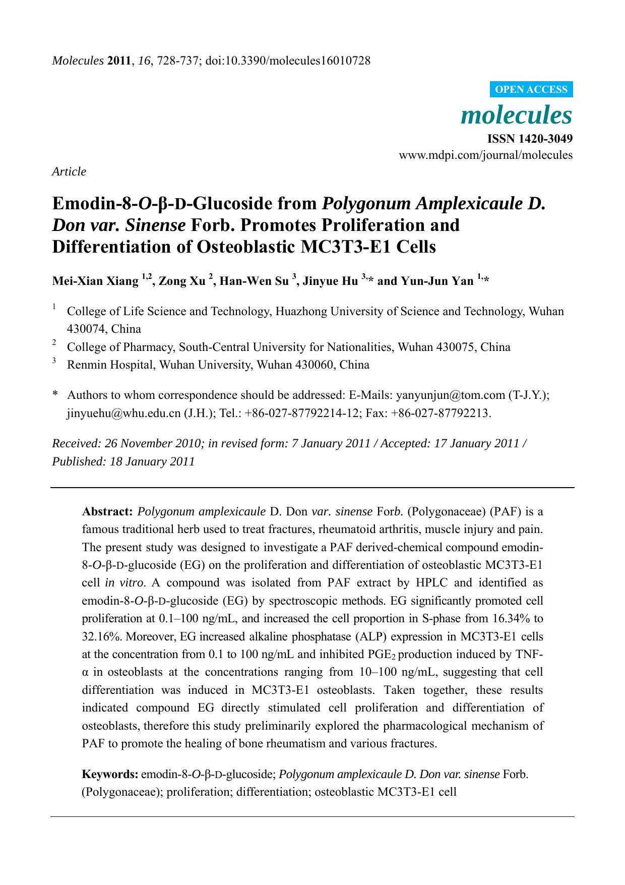 Emodin-8-O-Î²-D-Glucoside from Polygonum Amplexicaule D. Don var. Sinense Forb. Promotes Proliferation and Differentiation of Osteoblastic MC3T3-E1 Cells by Mei-Xian Xiang 1 & 2 & Zong Xu 2 & Han-Wen Su 3 & Jinyue Hu 3 & * and Yun-Jun Yan 1 & *