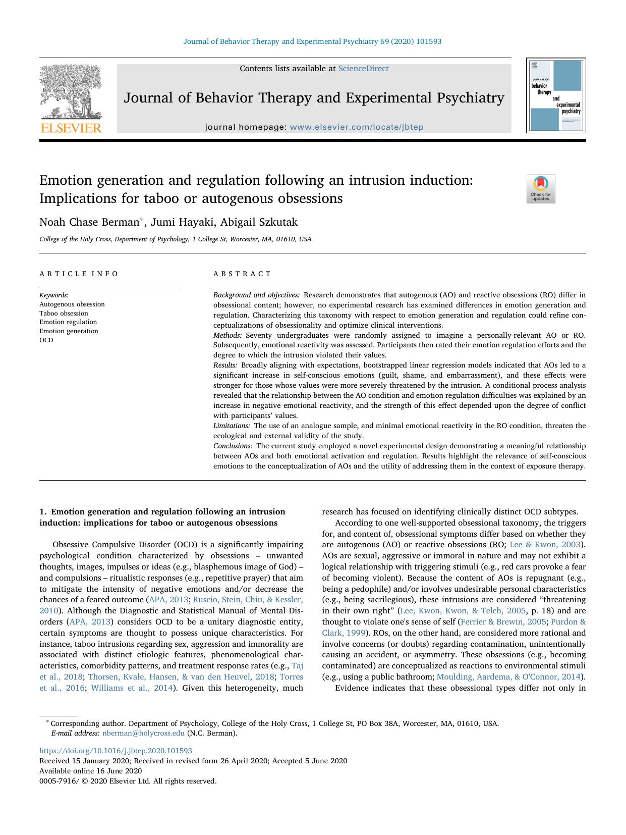 Emotion generation and regulation following an intrusion induction_ Implications for taboo or autogenous obsessions by Noah Chase Berman & Jumi Hayaki & Abigail Szkutak