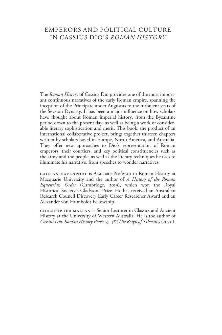 Emperors and Political Culture in Cassius Dio's Roman History by Caillan Davenport; Christopher Mallan
