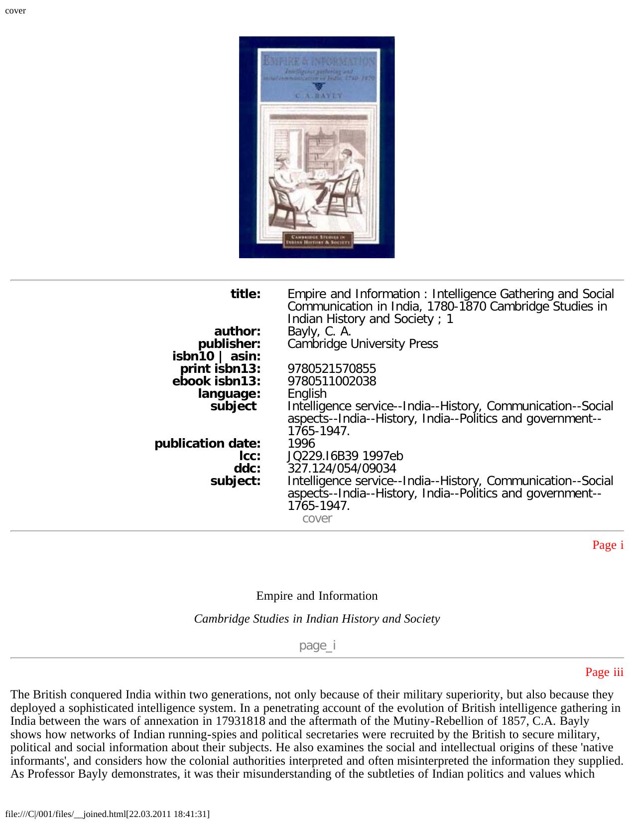 Empire and Information: Intelligence Gathering and Social Communication in India, 1780-1870 by C. A. Bayly C.A. Bayly