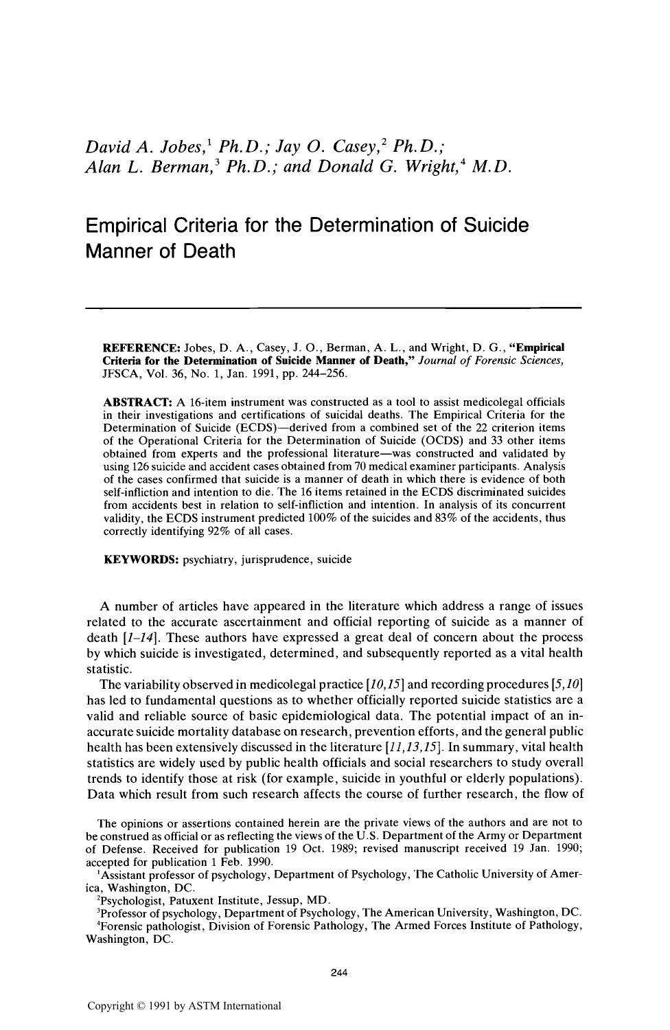 Empirical Criteria for the Determination of Suicide Manner of Death by Jobes DA Casey JO Berman AL Wright DG