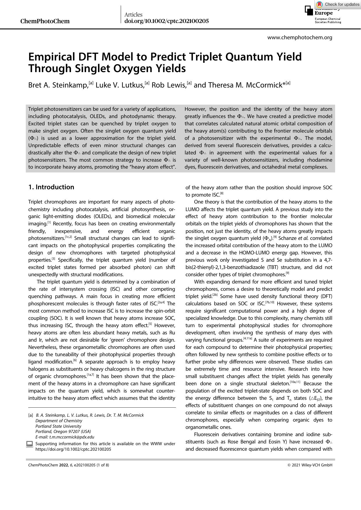 Empirical DFT Model to Predict Triplet Quantum Yield Through Singlet Oxygen Yields by Unknown