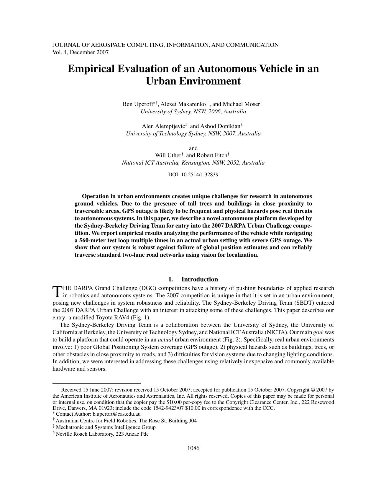 Empirical Evaluation of an Autonomous Vehicle in an Urban Environment by Unknown