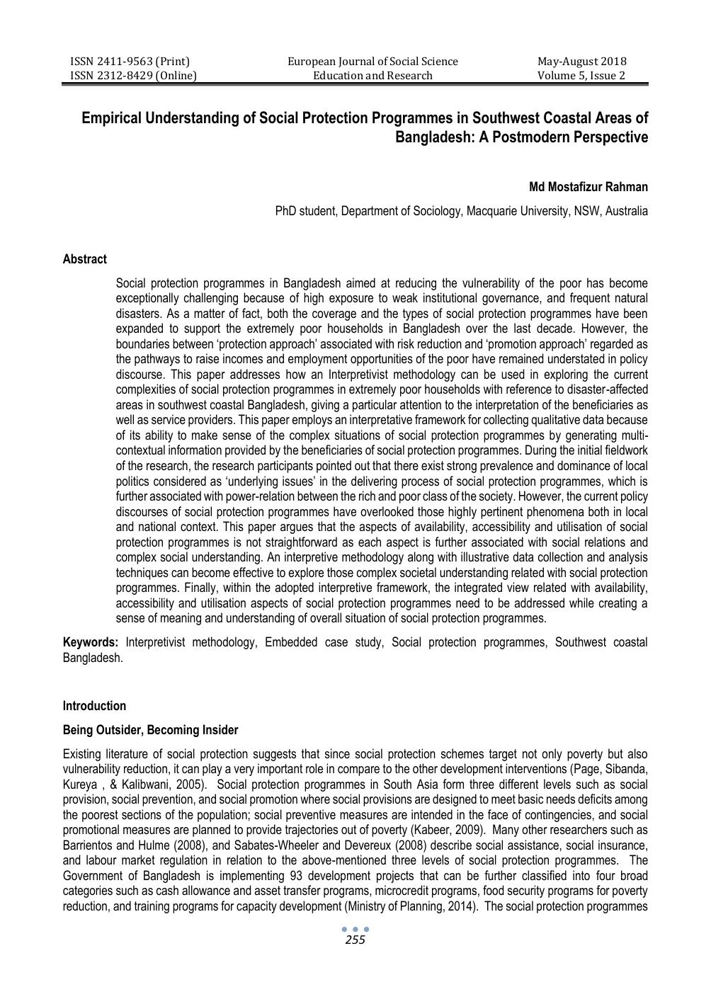 Empirical Understanding of Social Protection Programmes in Southwest Coastal Areas of Bangladesh: A Postmodern Perspective [article] by Md Mostafizur Rahman