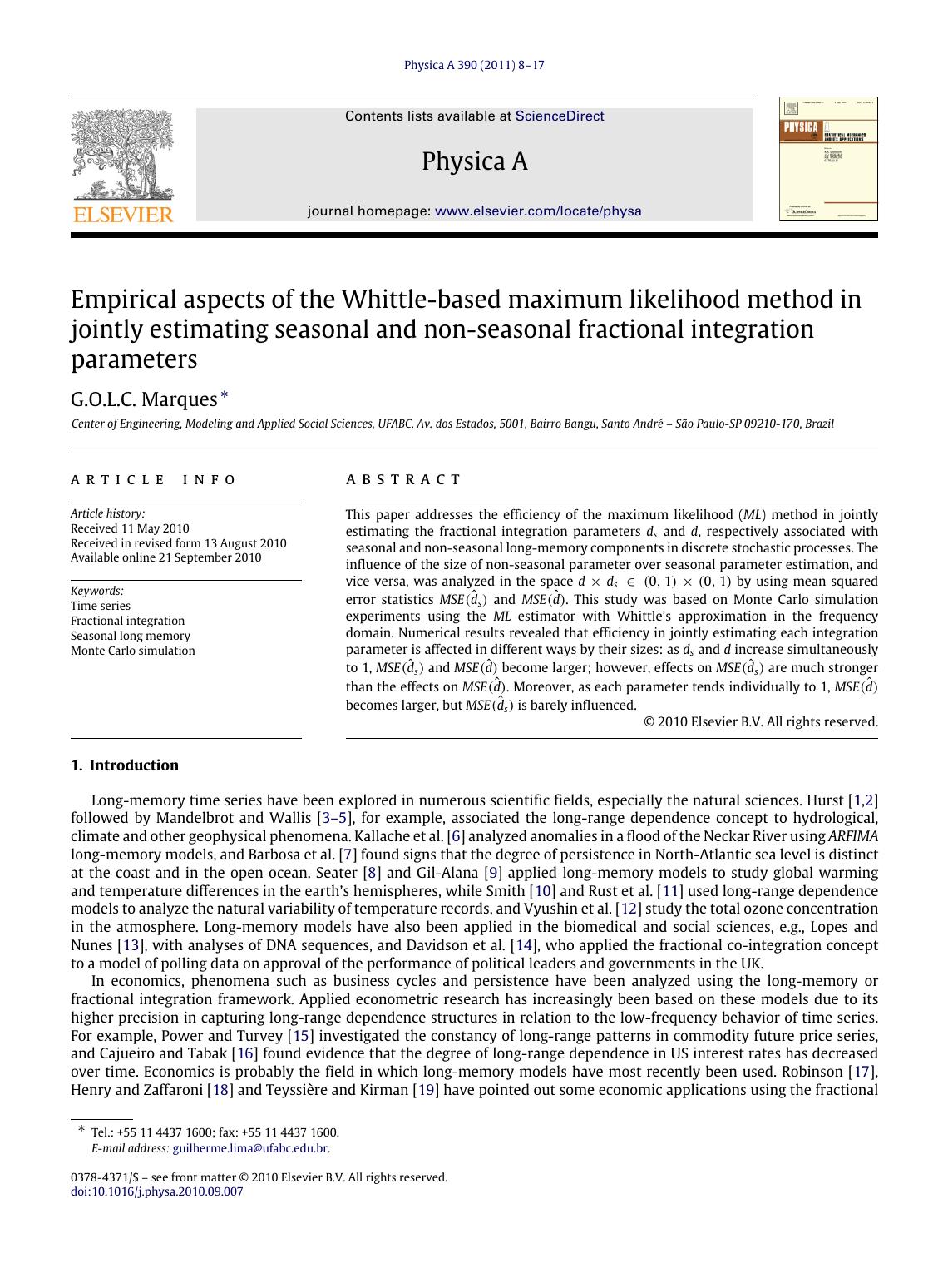 Empirical aspects of the Whittle-based maximum likelihood method in jointly estimating seasonal and non-seasonal fractional integration parameters by G.O.L.C. Marques
