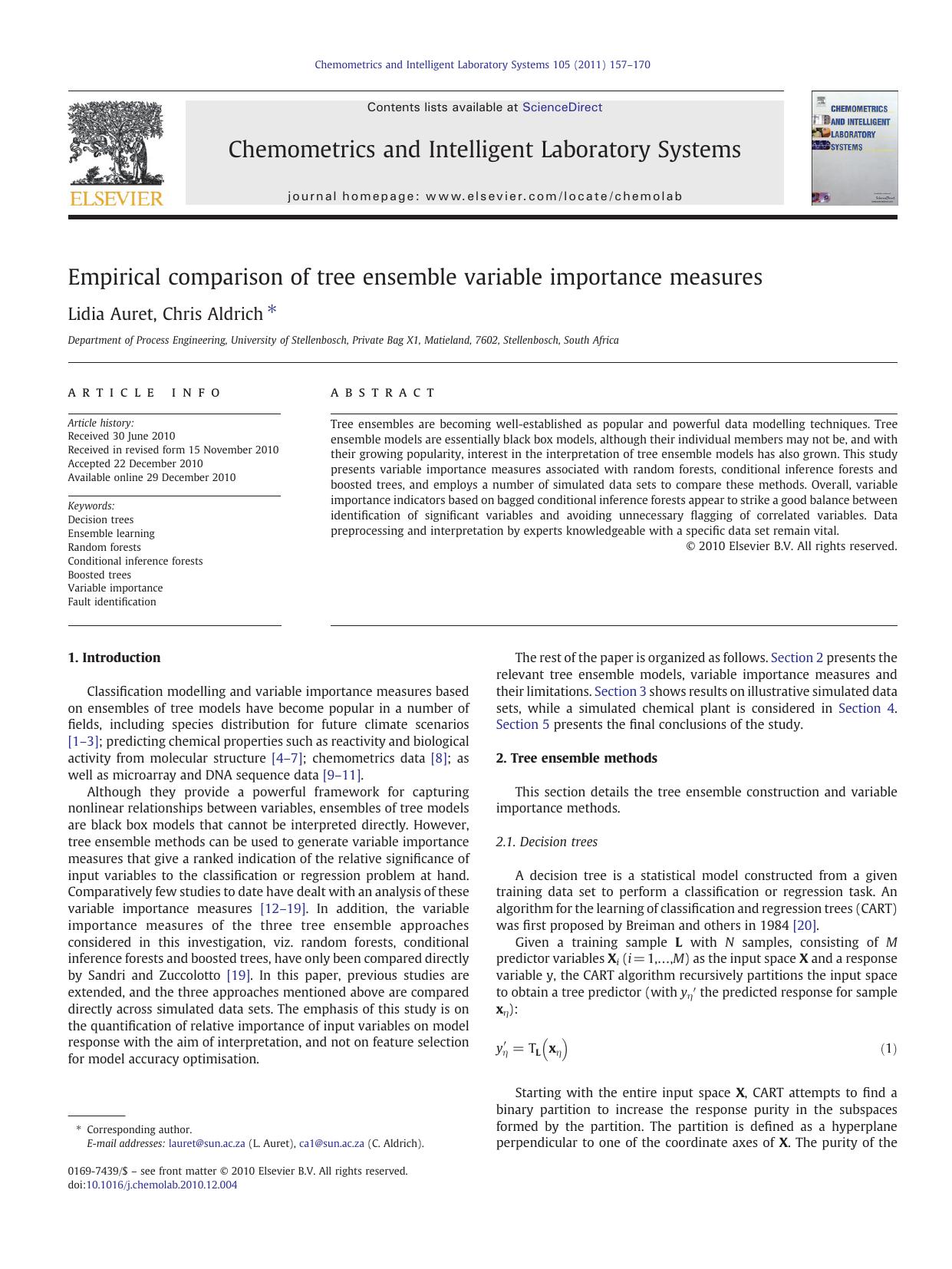 Empirical comparison of tree ensemble variable importance measures by Lidia Auret & Chris Aldrich