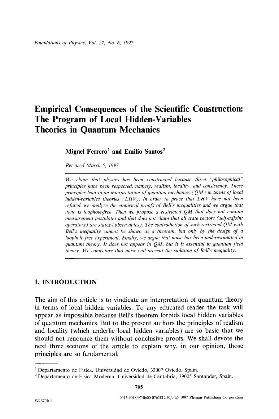 Empirical consequences of the scientific construction: The program of local hidden-variables theories in quantum mechanics by Unknown