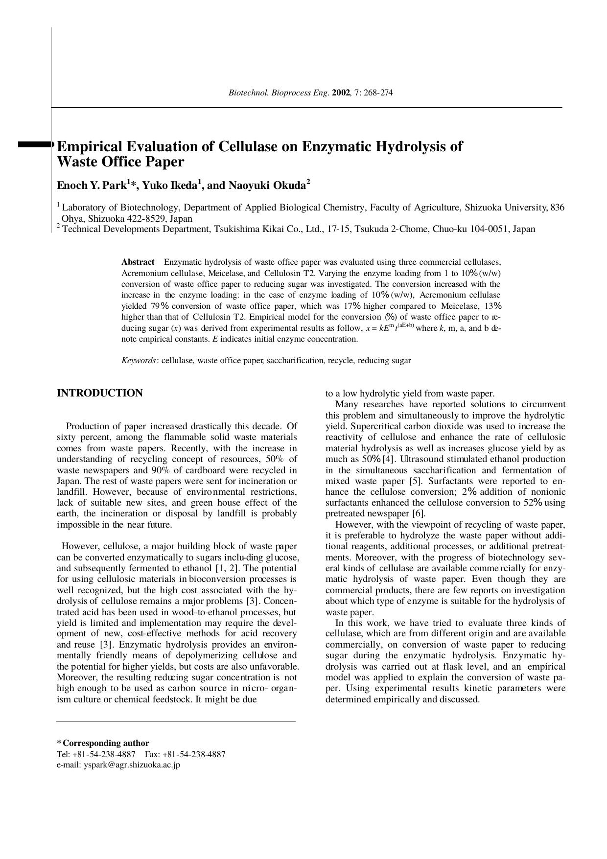 Empirical evaluation of cellulase on enzymatic hydrolysis of waste office paper by Unknown