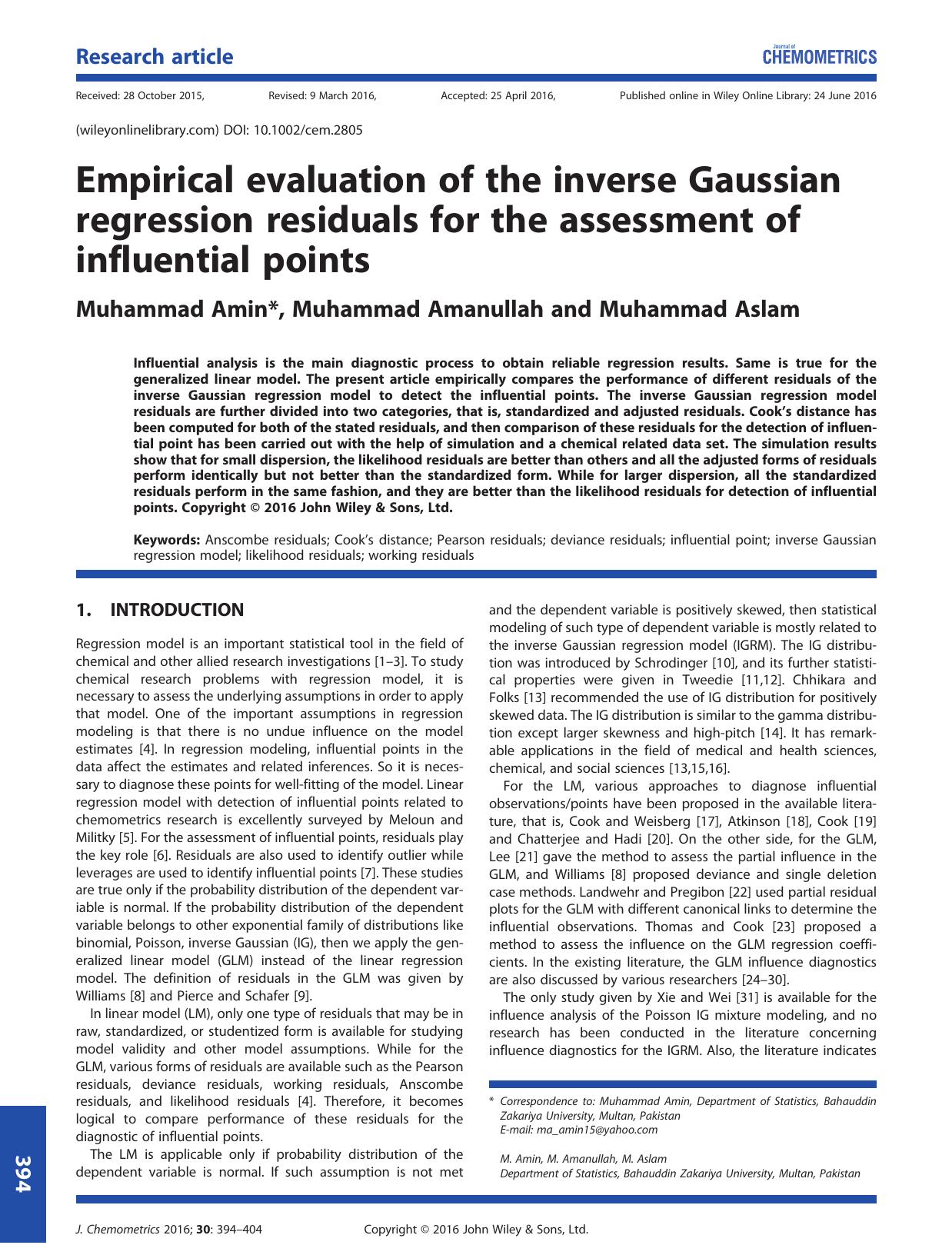 Empirical evaluation of the inverse Gaussian regression residuals for the assessment of influential points by Muhammad Amin & Muhammad Amanullah & Muhammad Aslam