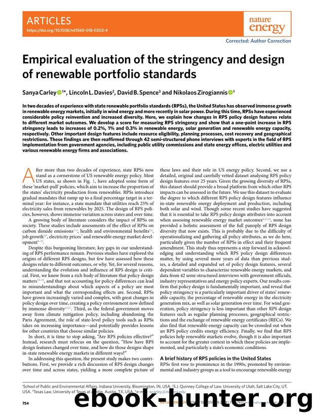 Empirical evaluation of the stringency and design of renewable portfolio standards by Sanya Carley & Lincoln L. Davies & David B. Spence & Nikolaos Zirogiannis