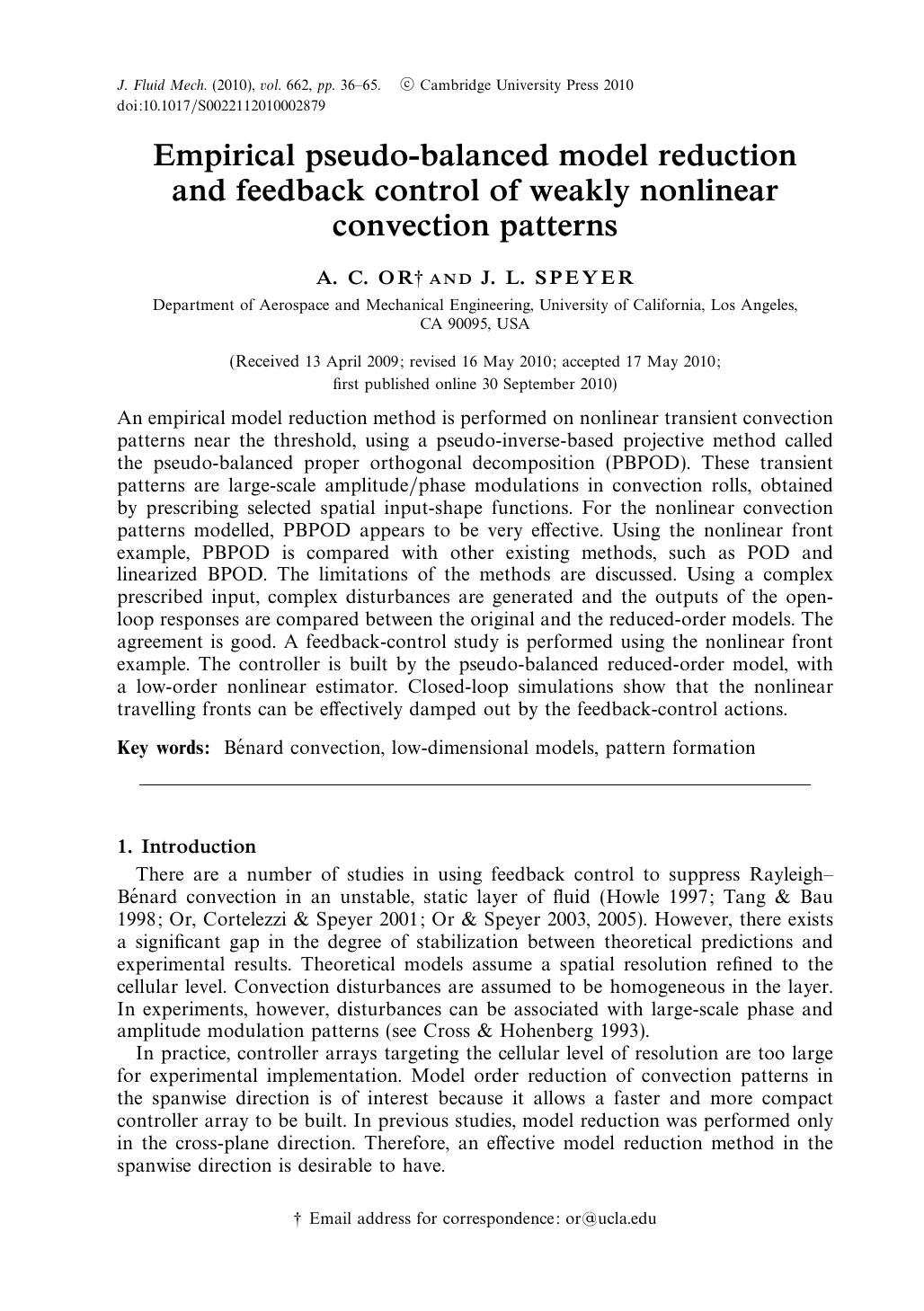 Empirical pseudo-balanced model reduction and feedback control of weakly nonlinear convection patterns by A. C. OR J. L. SPEYER