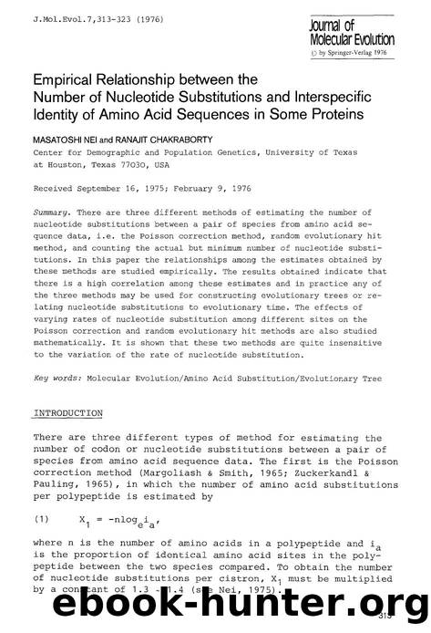 Empirical relationship between the number of nucleotide substitutions and interspecific identity of amino acid sequences in some proteins by Unknown