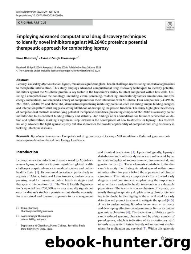 Employing advanced computational drug discovery techniques to identify novel inhibitors against ML2640c protein: a potential therapeutic approach for combatting leprosy by Rima Bhardwaj & Avinash Singh Thounaojam
