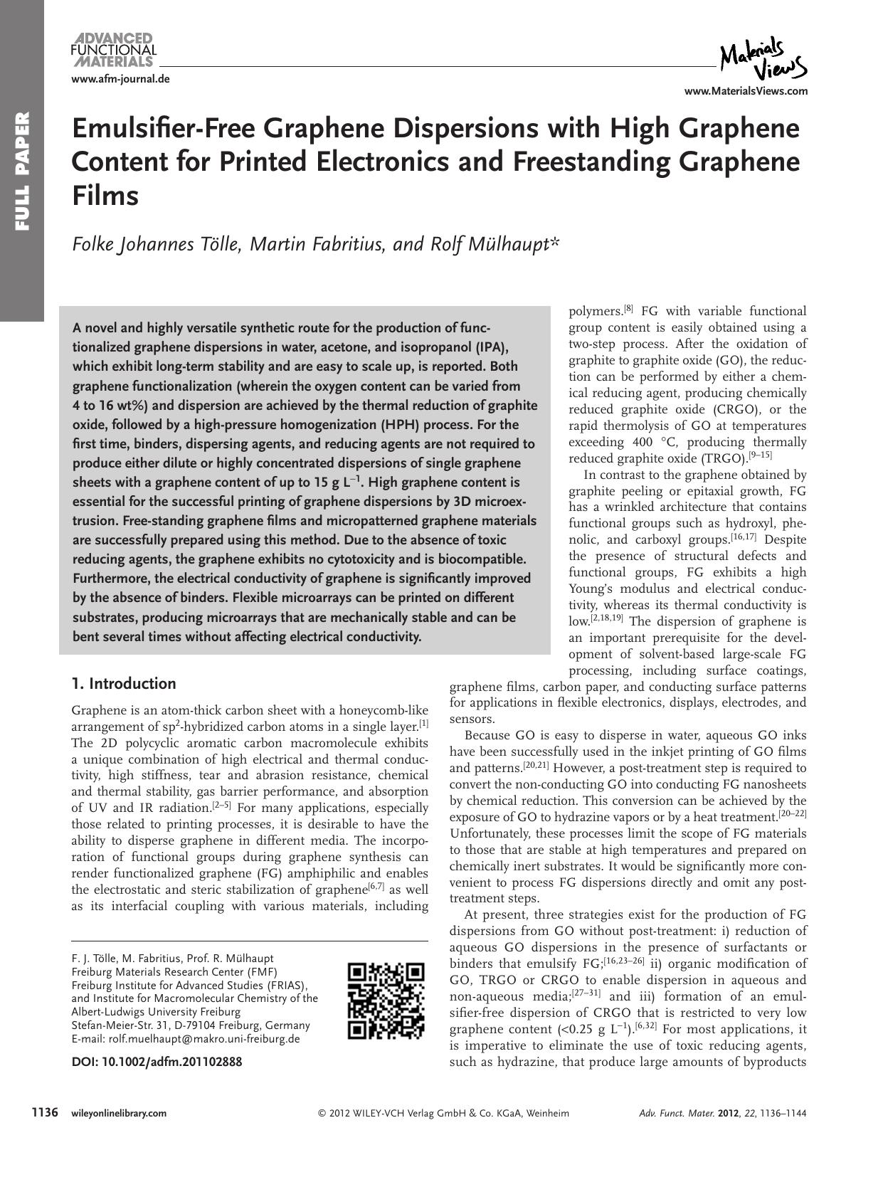 EmulsifierFree Graphene Dispersions with High Graphene Content for Printed Electronics and Freestanding Graphene Films by Unknown