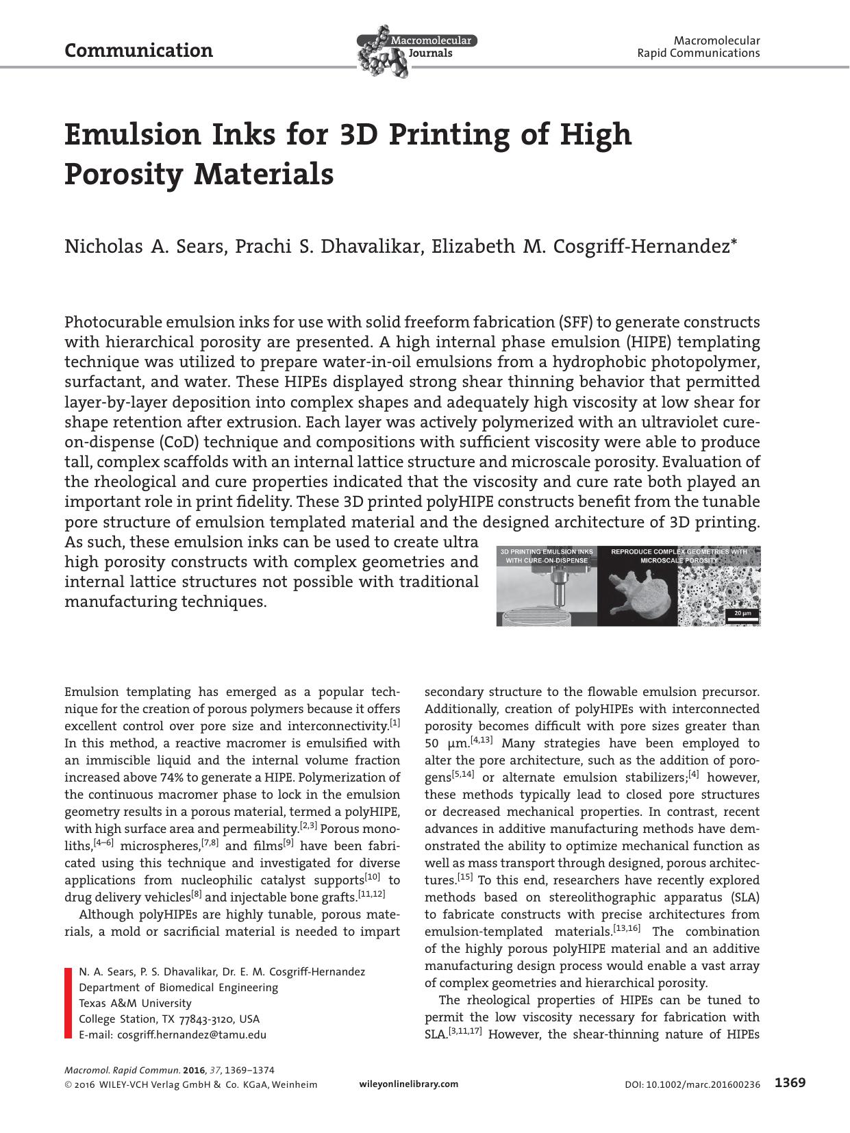 Emulsion Inks for 3D Printing of High Porosity Materials by Unknown