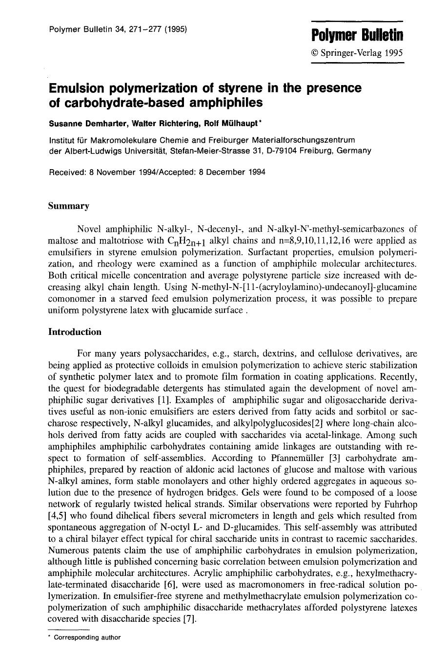 Emulsion polymerization of styrene in the presence of carbohydrate-based amphiphiles by Unknown