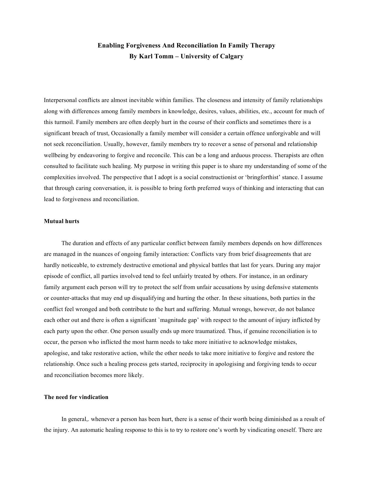 Enabling Forgiveness And Reconciliation In Family Therapy by Tom Murphy