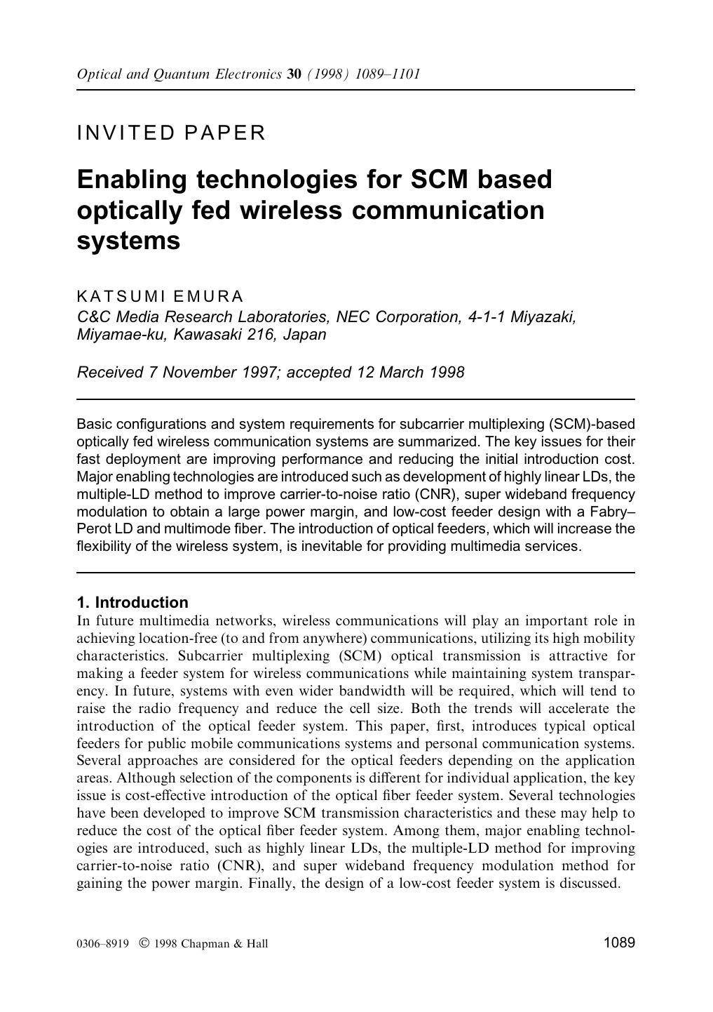 Enabling technologies for SCM basedoptically fed wireless communication systems by Unknown