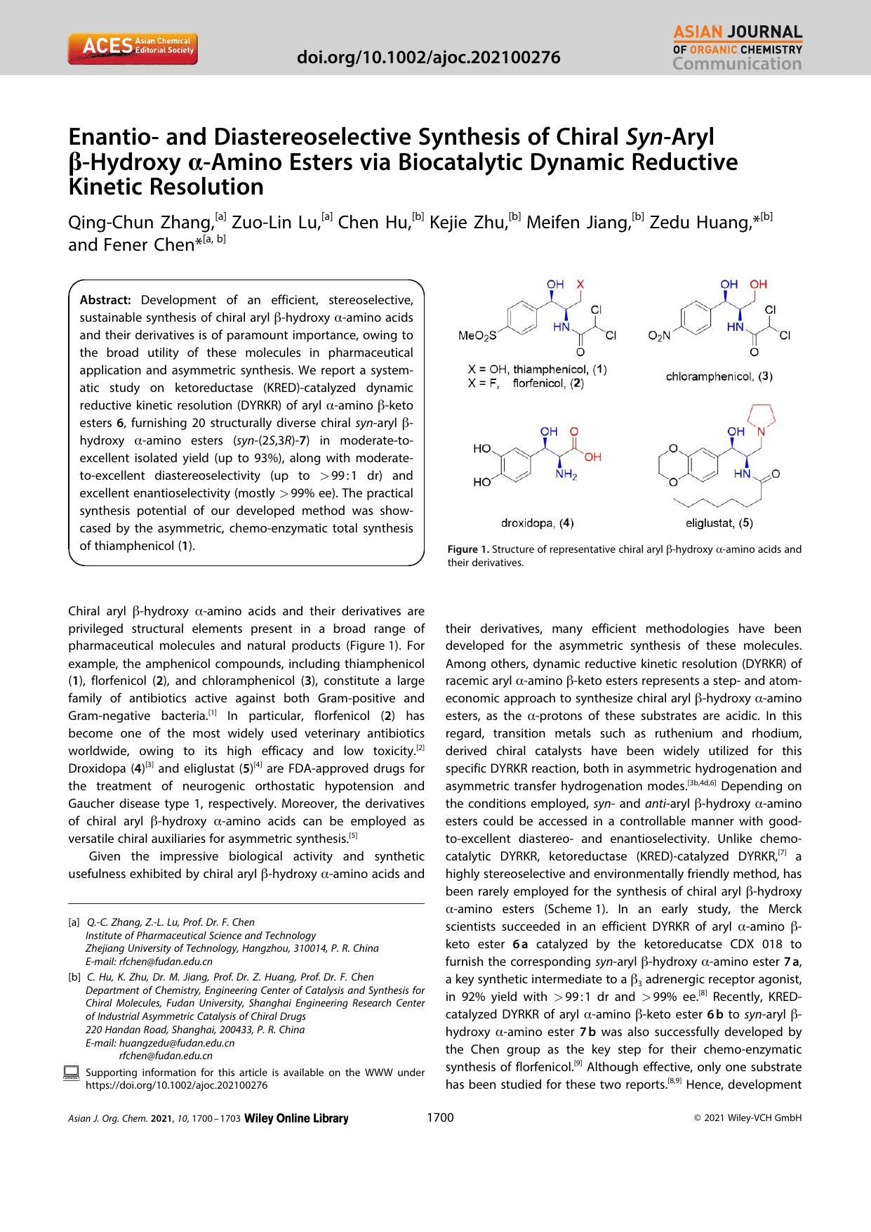 Enantioâ and Diastereoselective Synthesis of Chiral SynâAryl Î²âHydroxy Î±âAmino Esters via Biocatalytic Dynamic Reductive Kinetic Resolution by Unknown