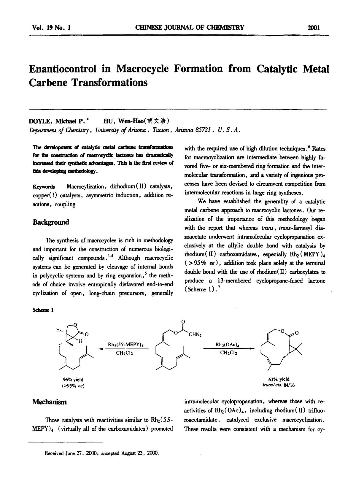 Enantiocontrol in Macrocycle Formation from Catalytic Metal Carbene Transformations by Unknown