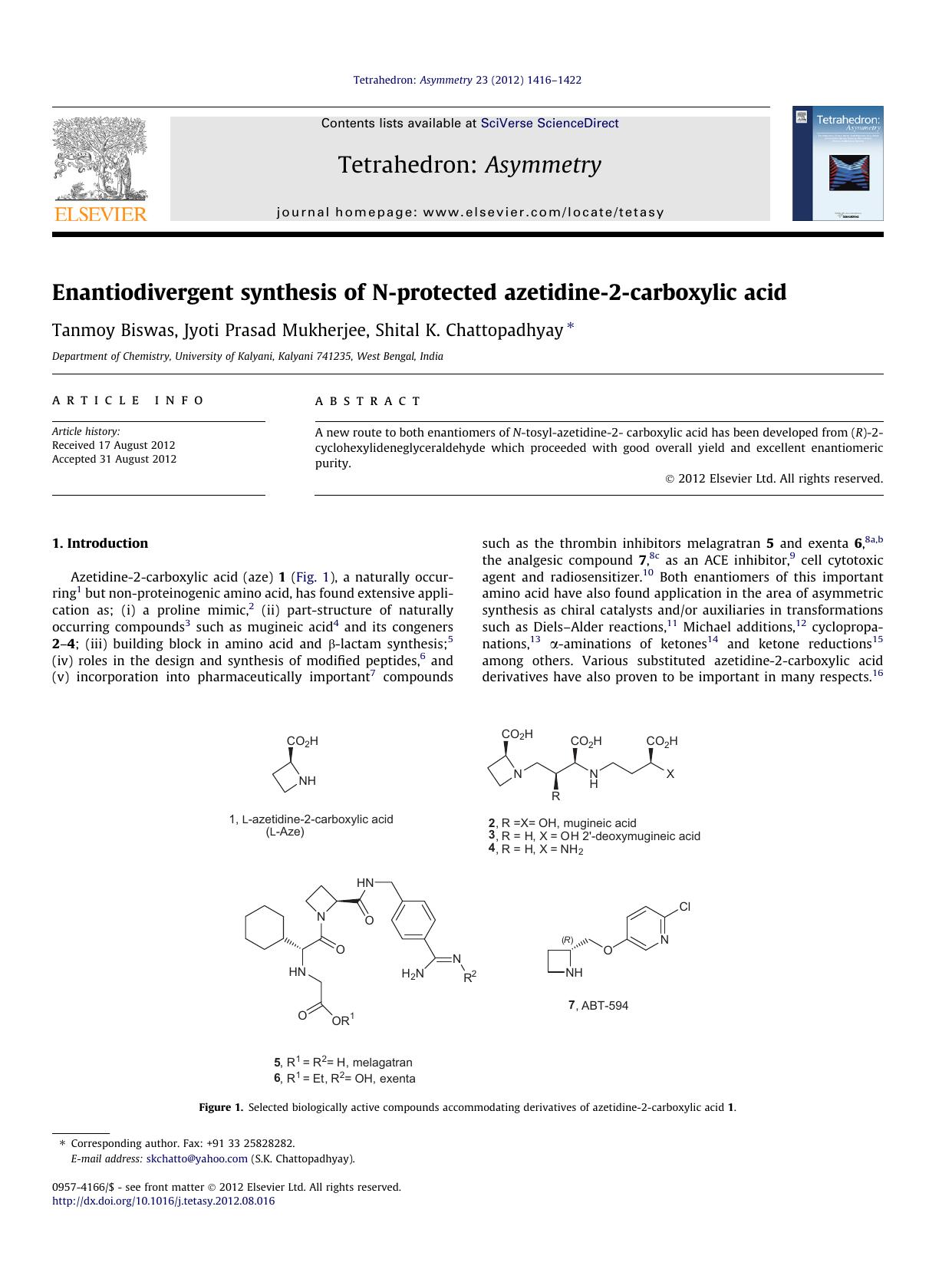 Enantiodivergent synthesis of N-protected azetidine-2-carboxylic acid by Tanmoy Biswas & Jyoti Prasad Mukherjee & Shital K. Chattopadhyay