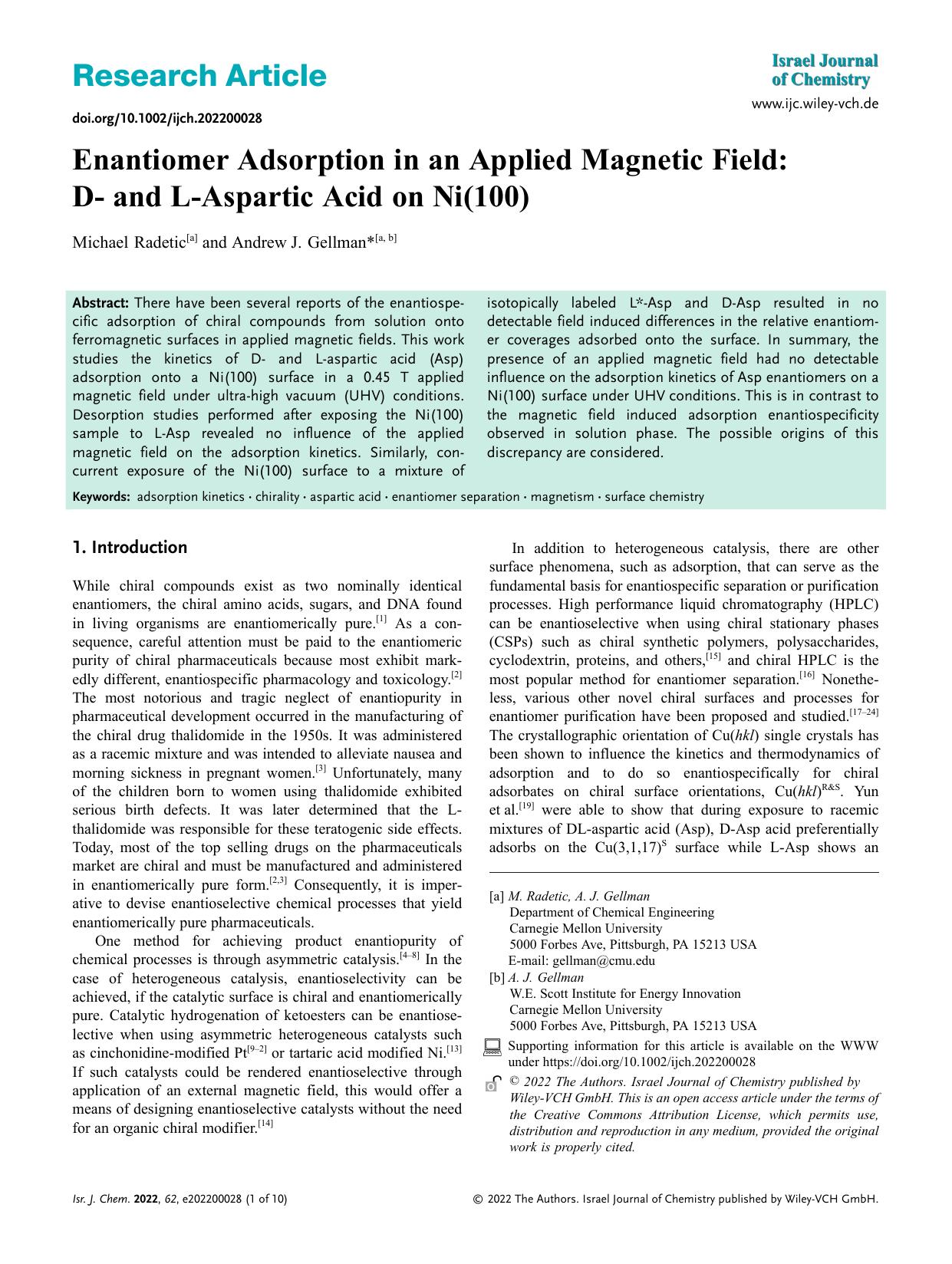 Enantiomer Adsorption in an Applied Magnetic Field: Dâ and LâAspartic Acid on Ni(100) by Unknown