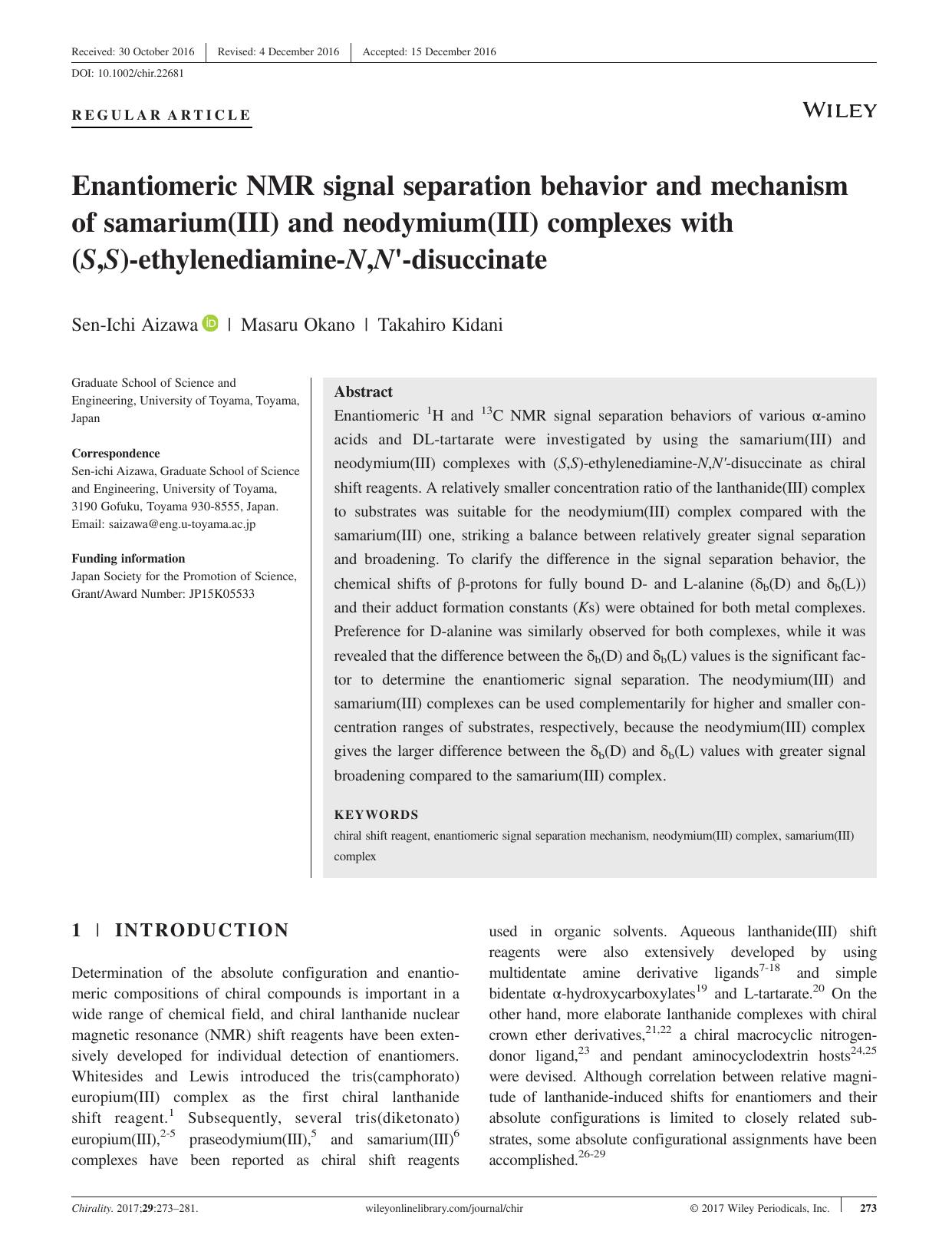 Enantiomeric NMR signal separation behavior and mechanism of samarium(III) and neodymium(III) complexes with (S,S)-ethylenediamine-N,N'-disuccinate by Sen-Ichi Aizawa & Masaru Okano & Takahiro Kidani